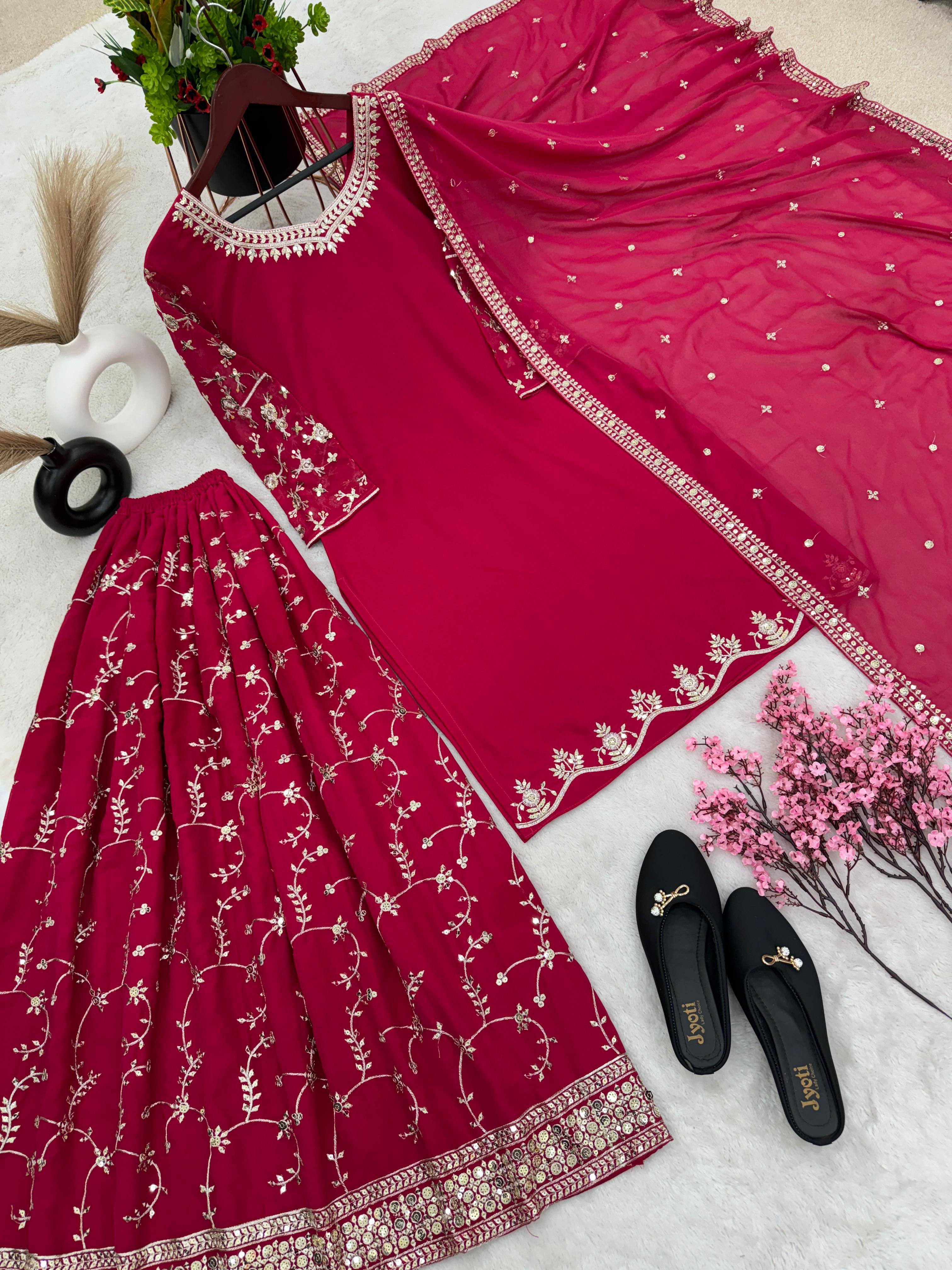 Pink Sequence With Embroidery Work Wedding Wear Sharara Suit