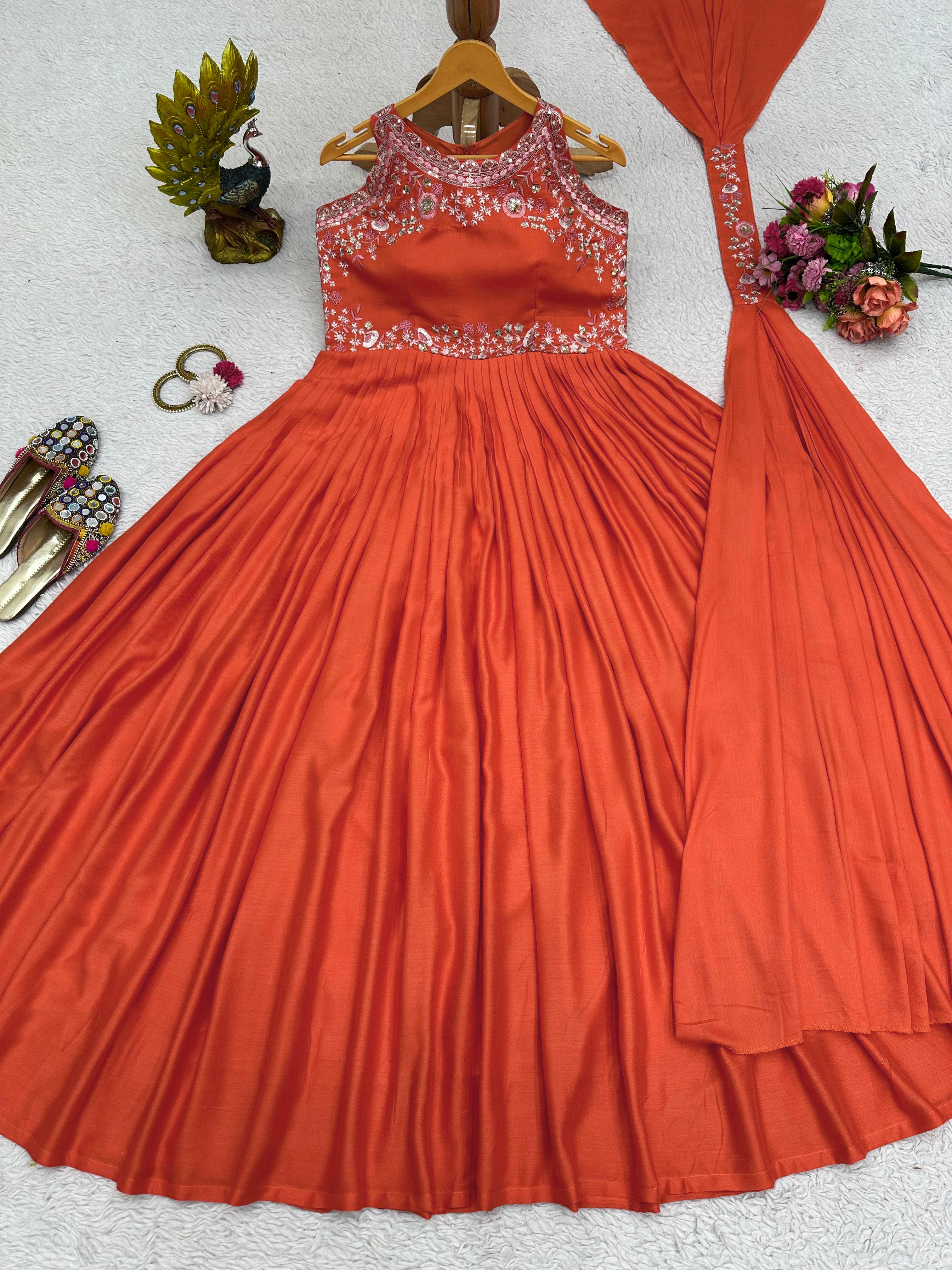 Beautiful Work Orange Color Captivating Gown