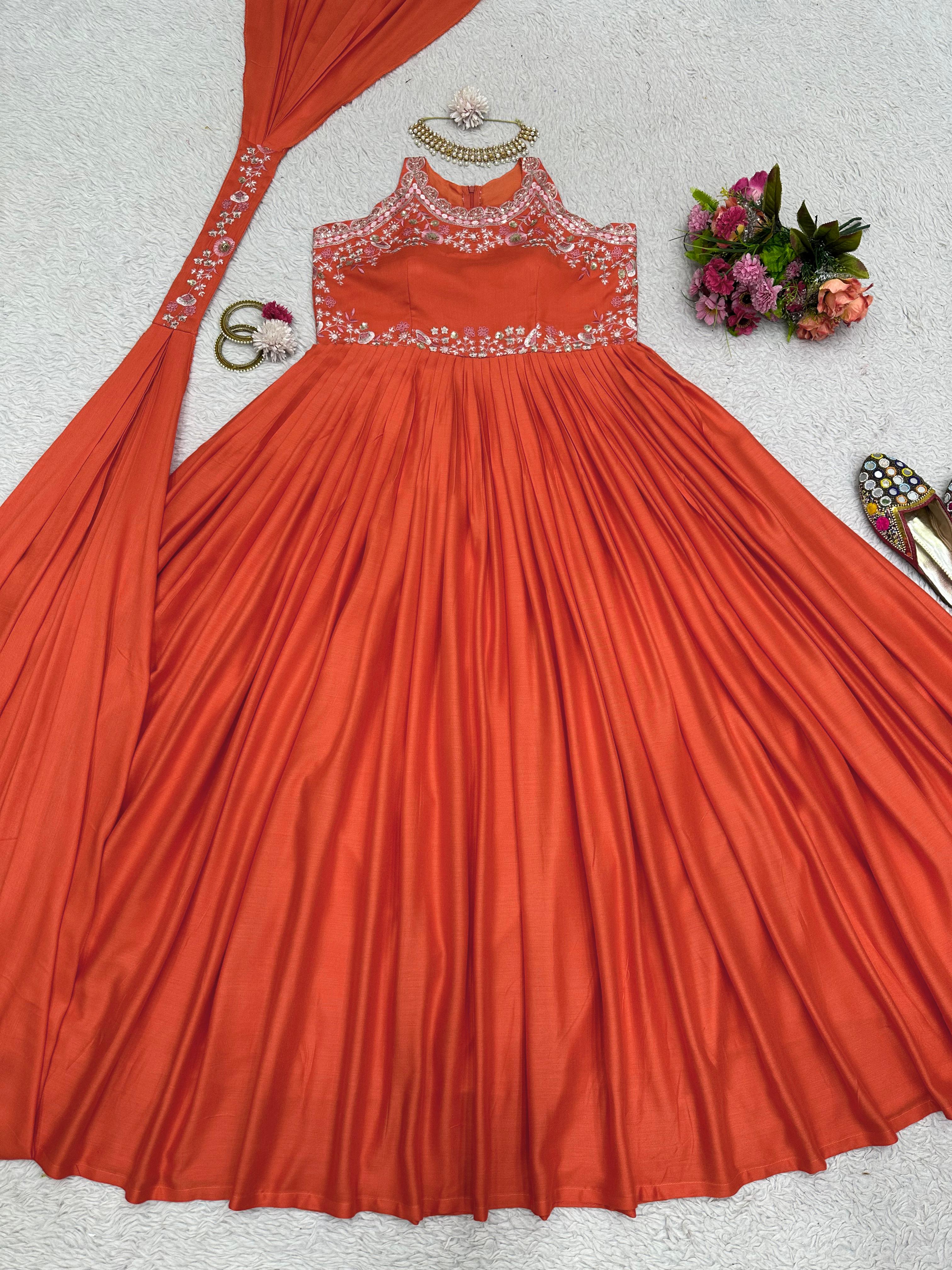 Beautiful Work Orange Color Captivating Gown