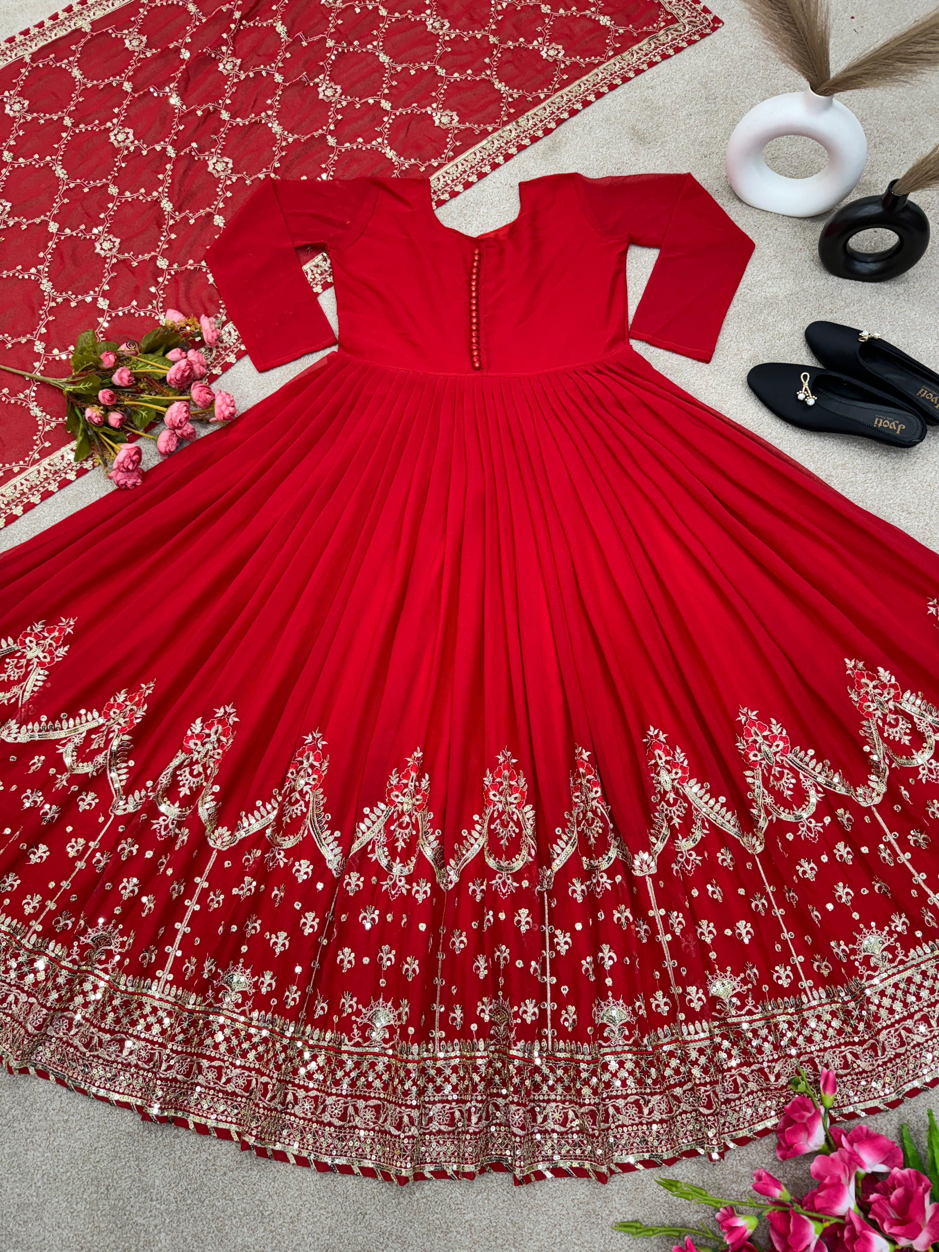 Fabulous Fully Stitched Sequence Work Red Gown