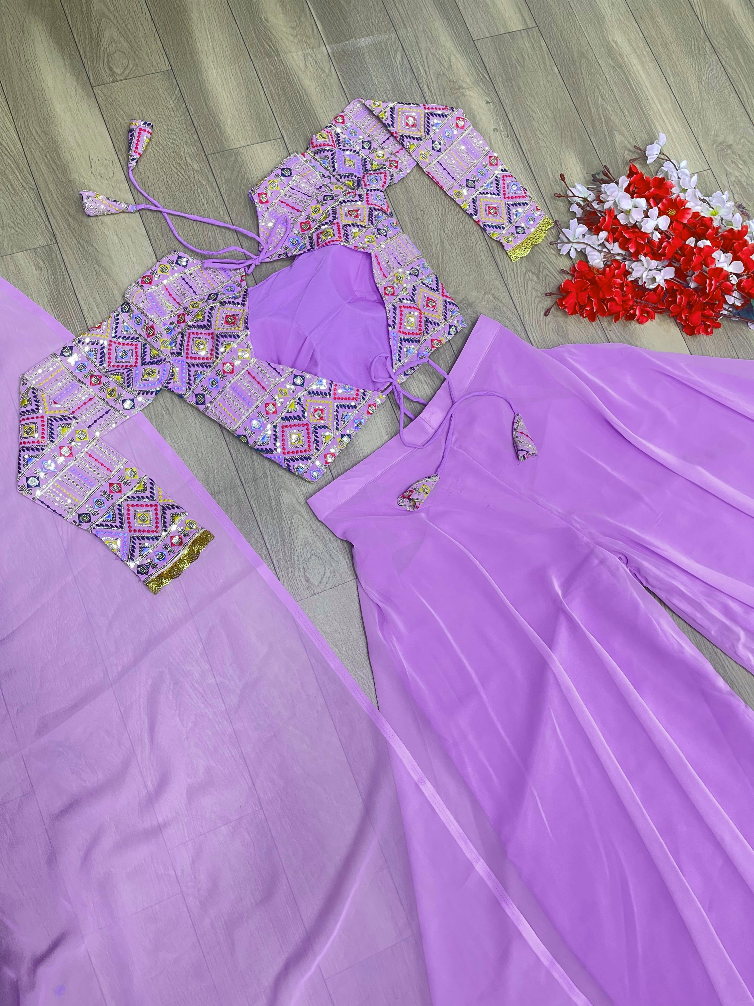 Designer Lavender Palazzo With Embroidered Crop Top Set