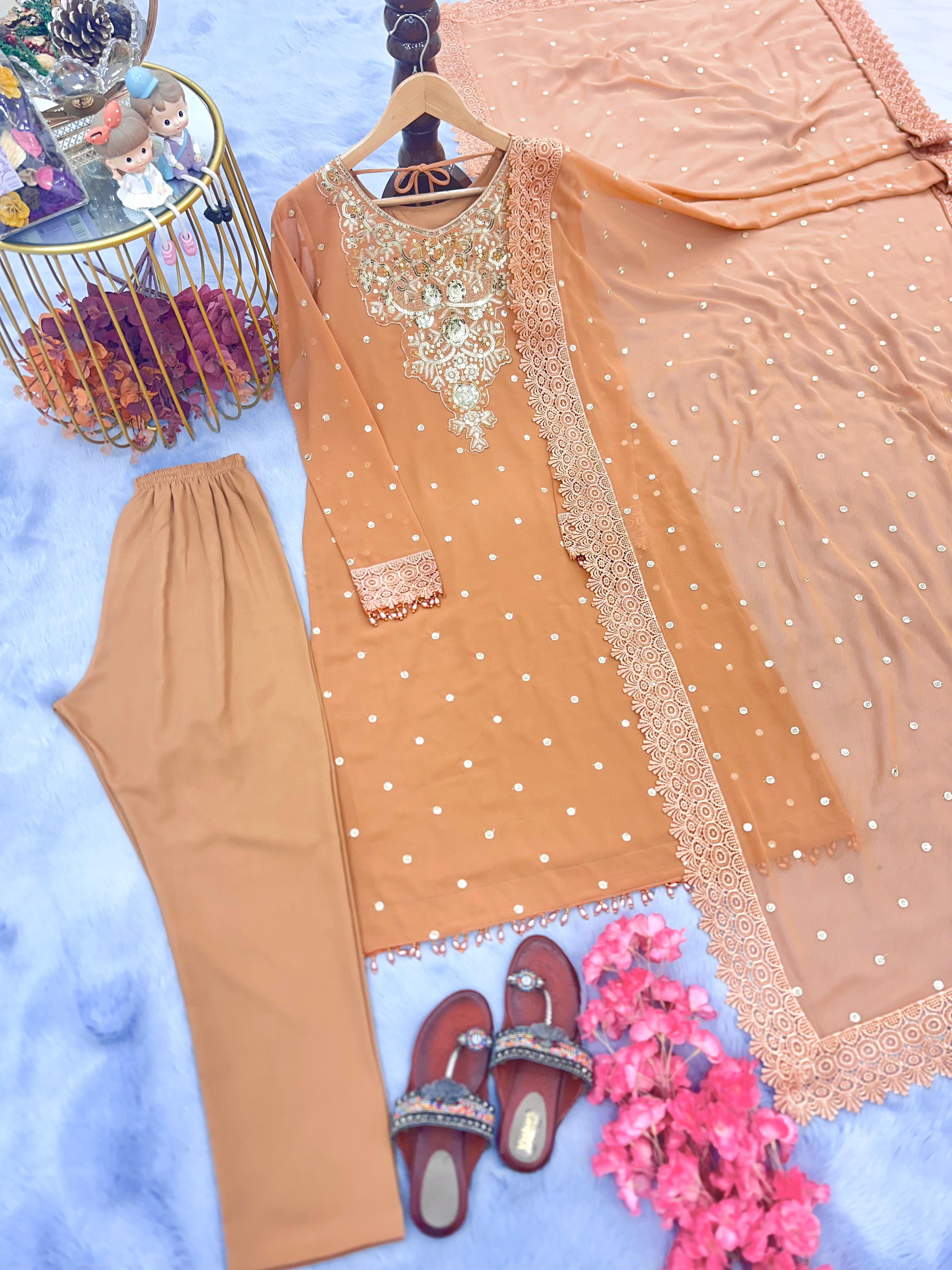 Wedding Wear Peach Color Sequence Work Salwar Suit