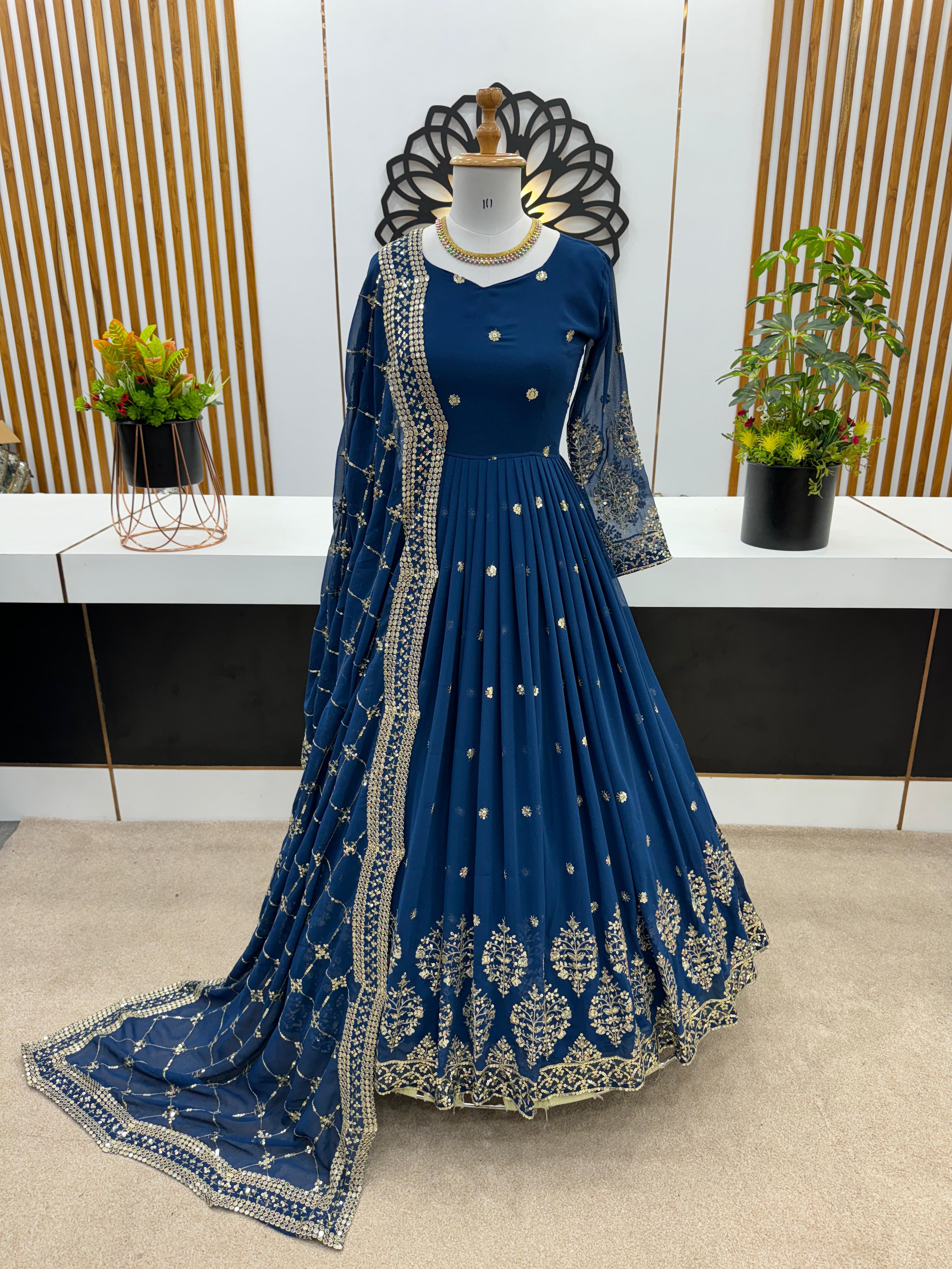 Party Wear Faux Georgette Embroidery Work Blue Color Gown