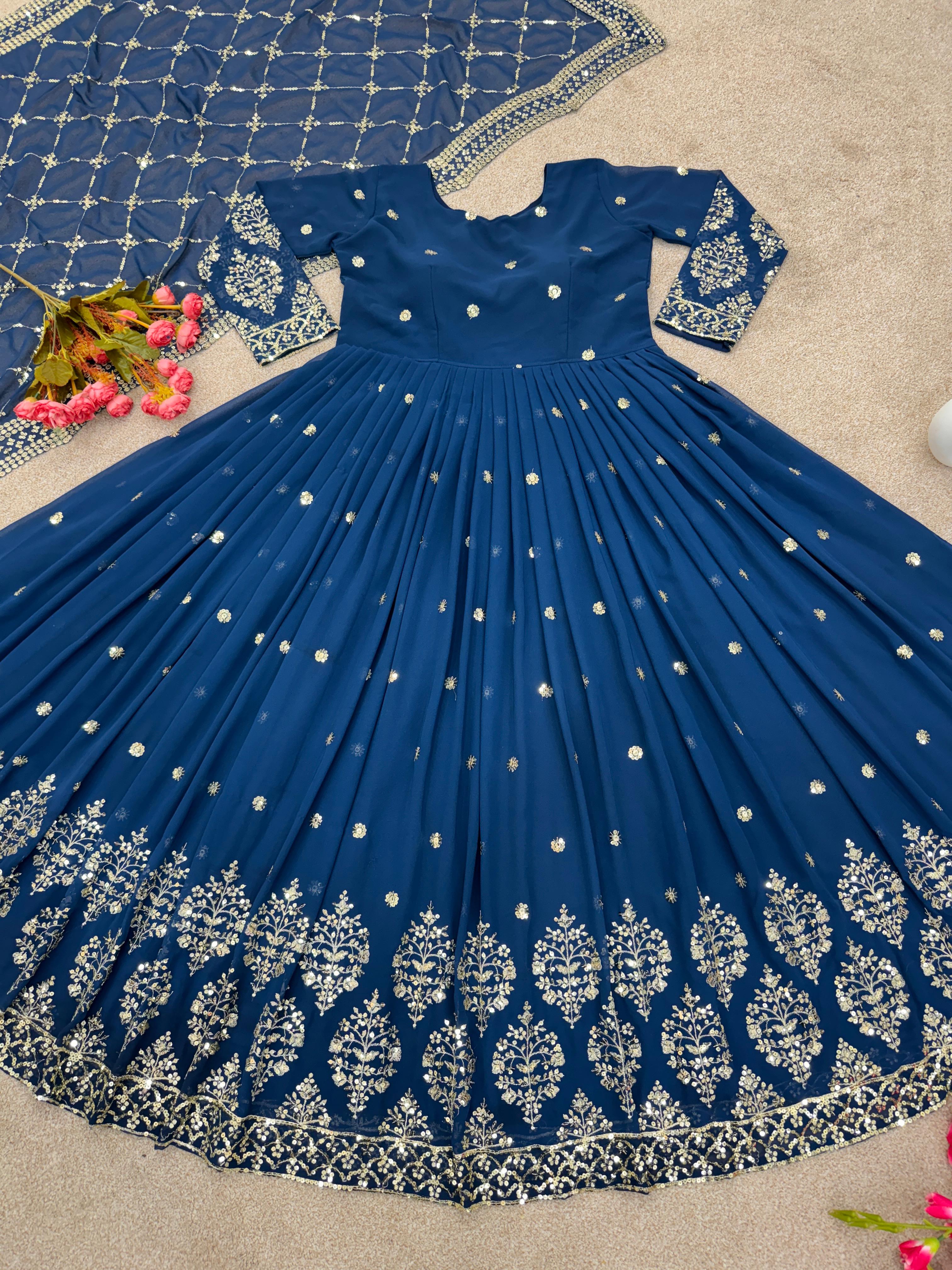 Party Wear Faux Georgette Embroidery Work Blue Color Gown