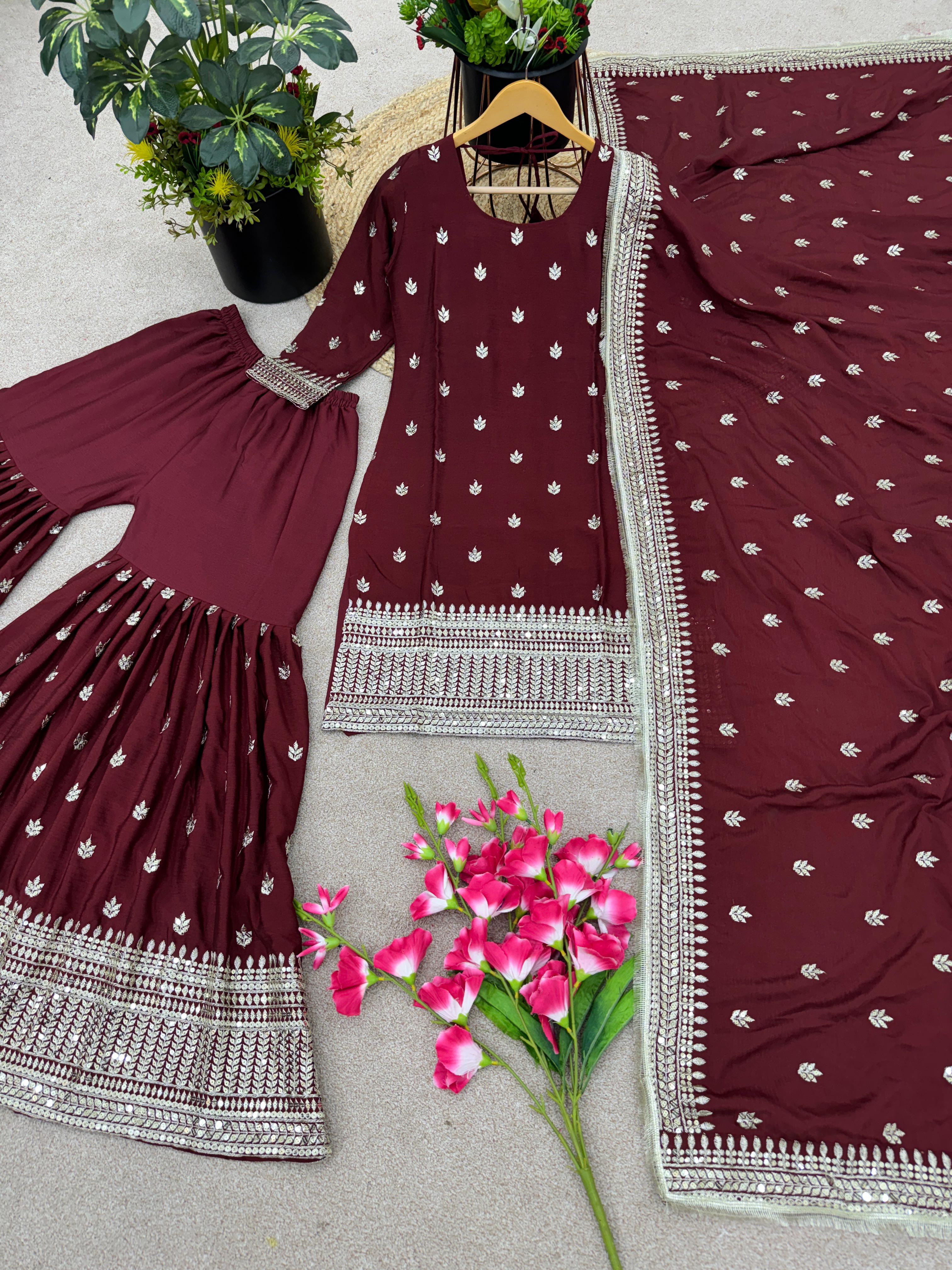 Maroon Color Georgette Sequence Work Full Stitched Sharara Suit