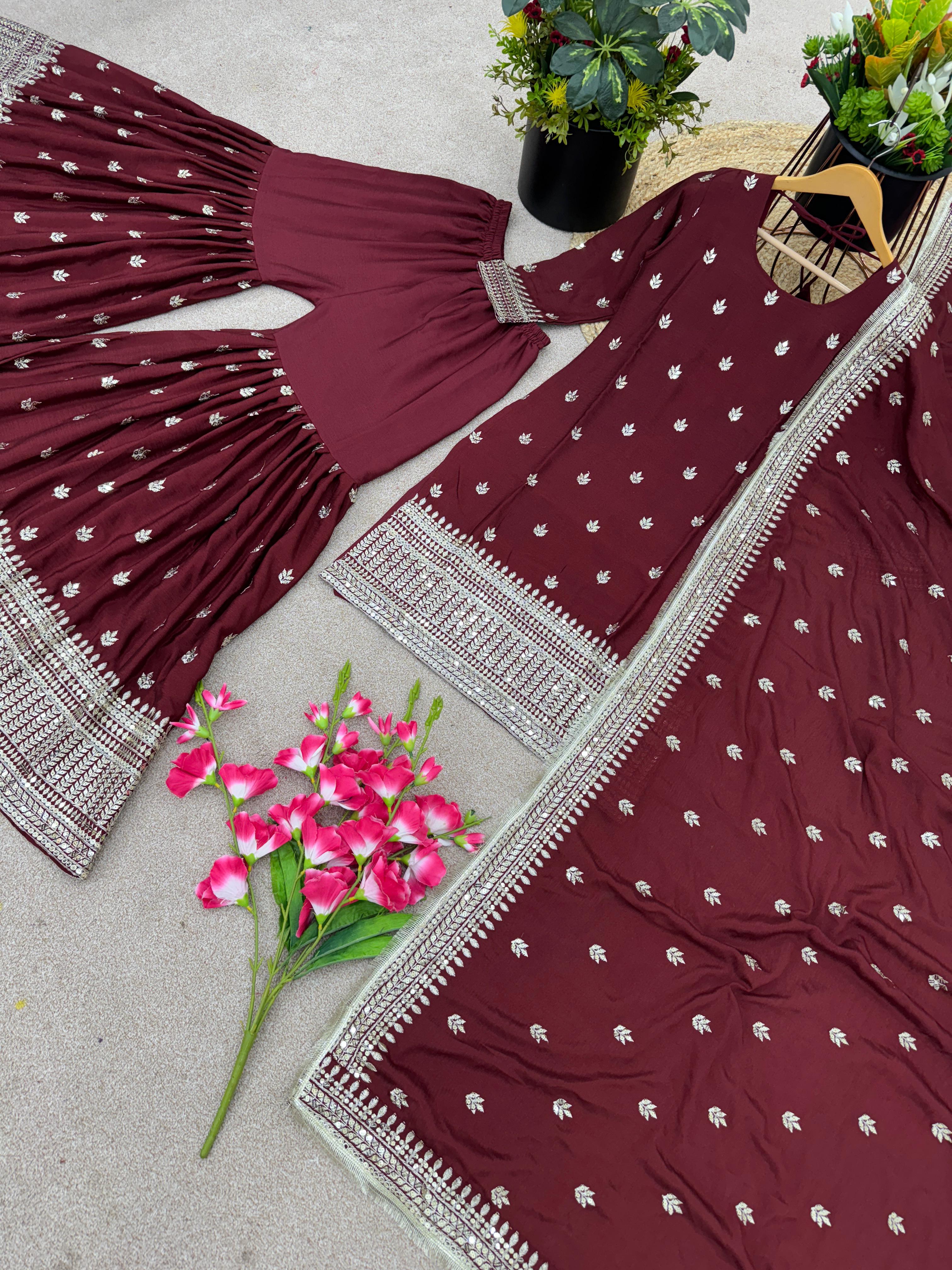 Maroon Color Georgette Sequence Work Full Stitched Sharara Suit