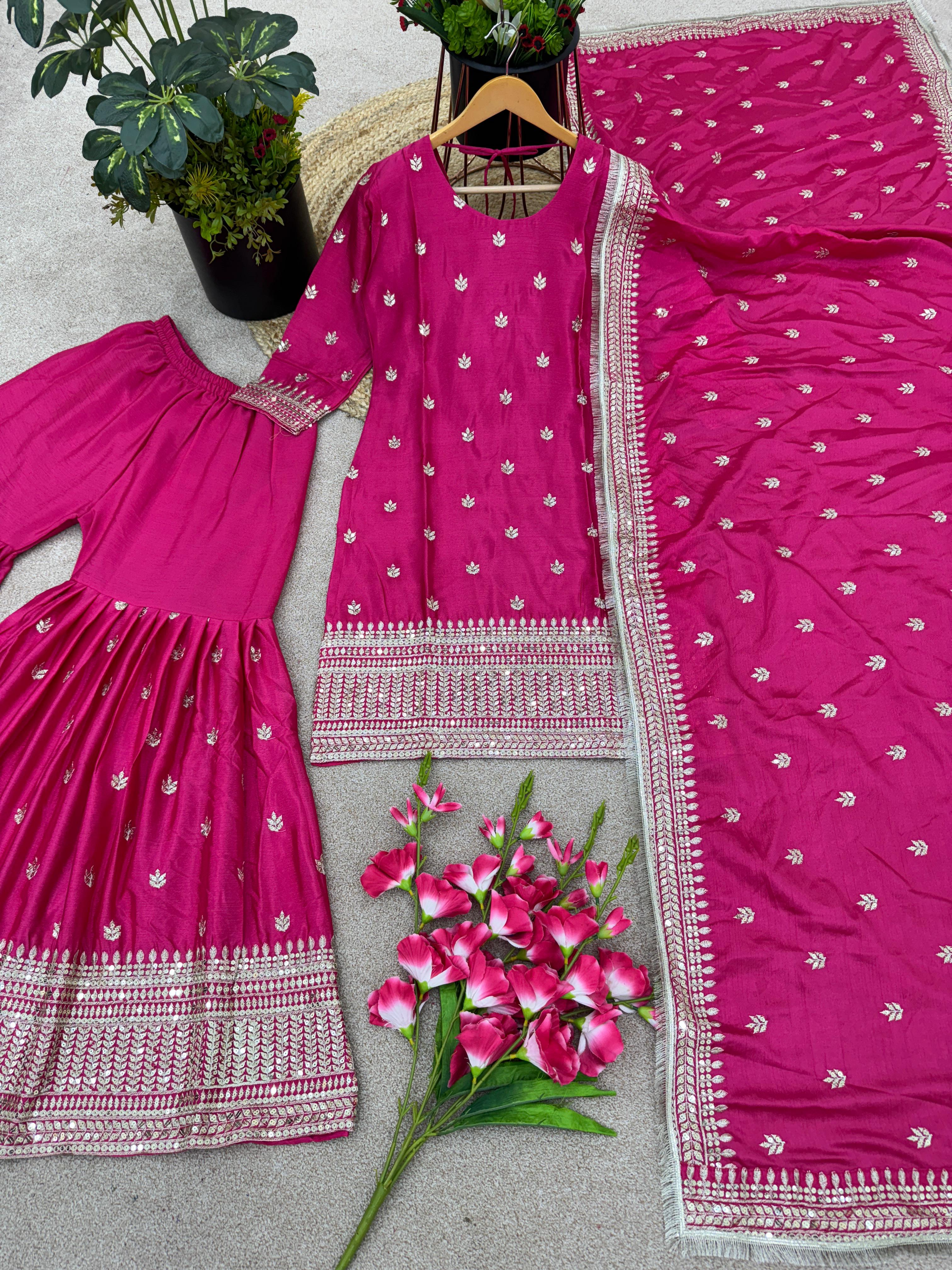 Pink Color Georgette Sequence Work Full Stitched Sharara Suit