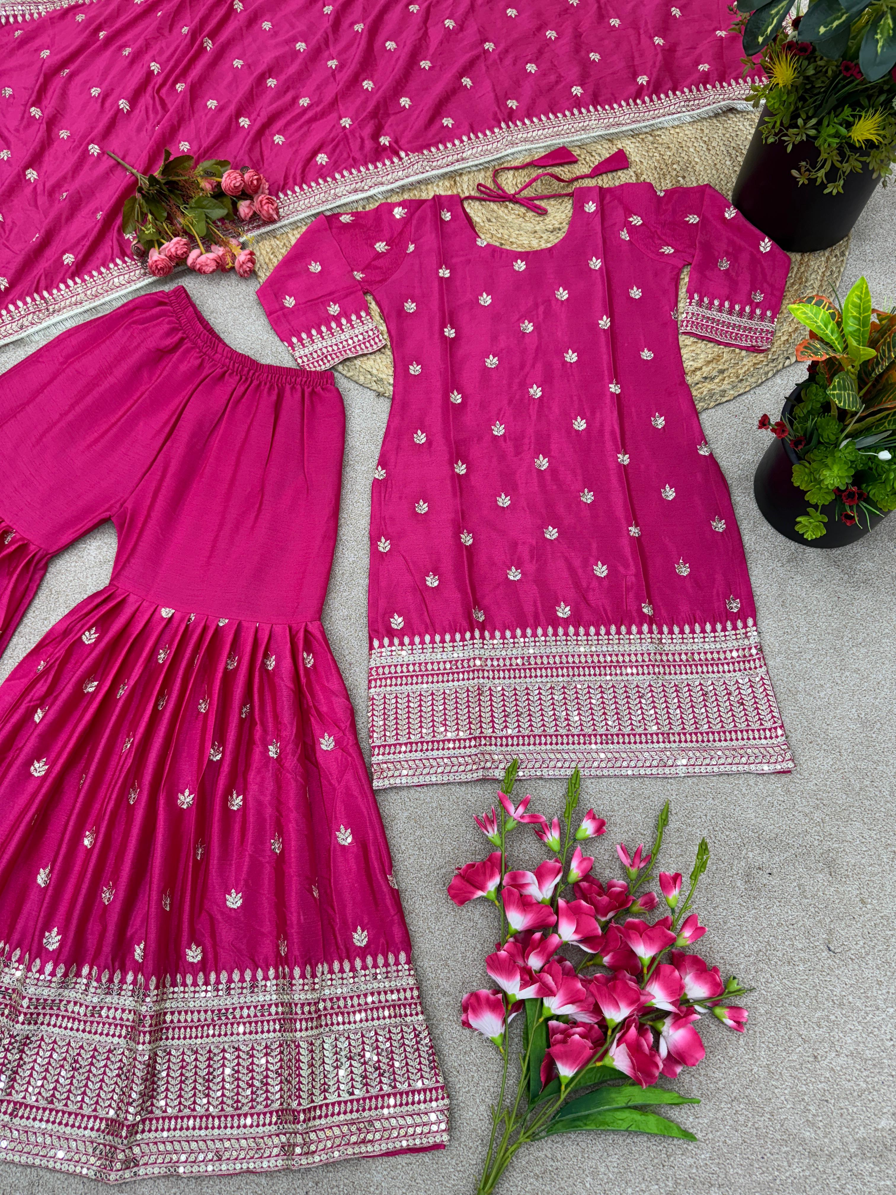 Pink Color Georgette Sequence Work Full Stitched Sharara Suit