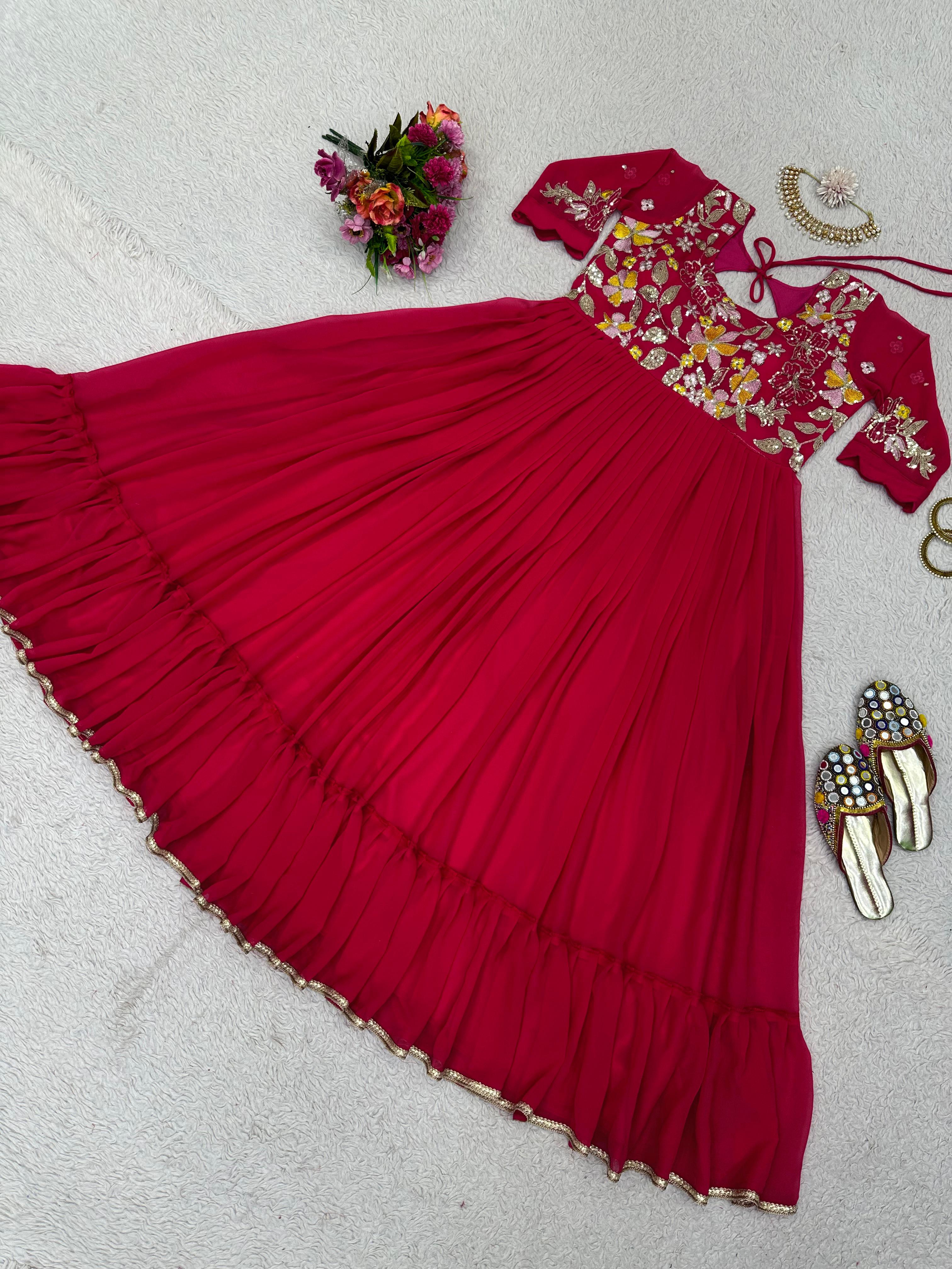 Red Color Embroidery Work Party Wear Ruffle Gown