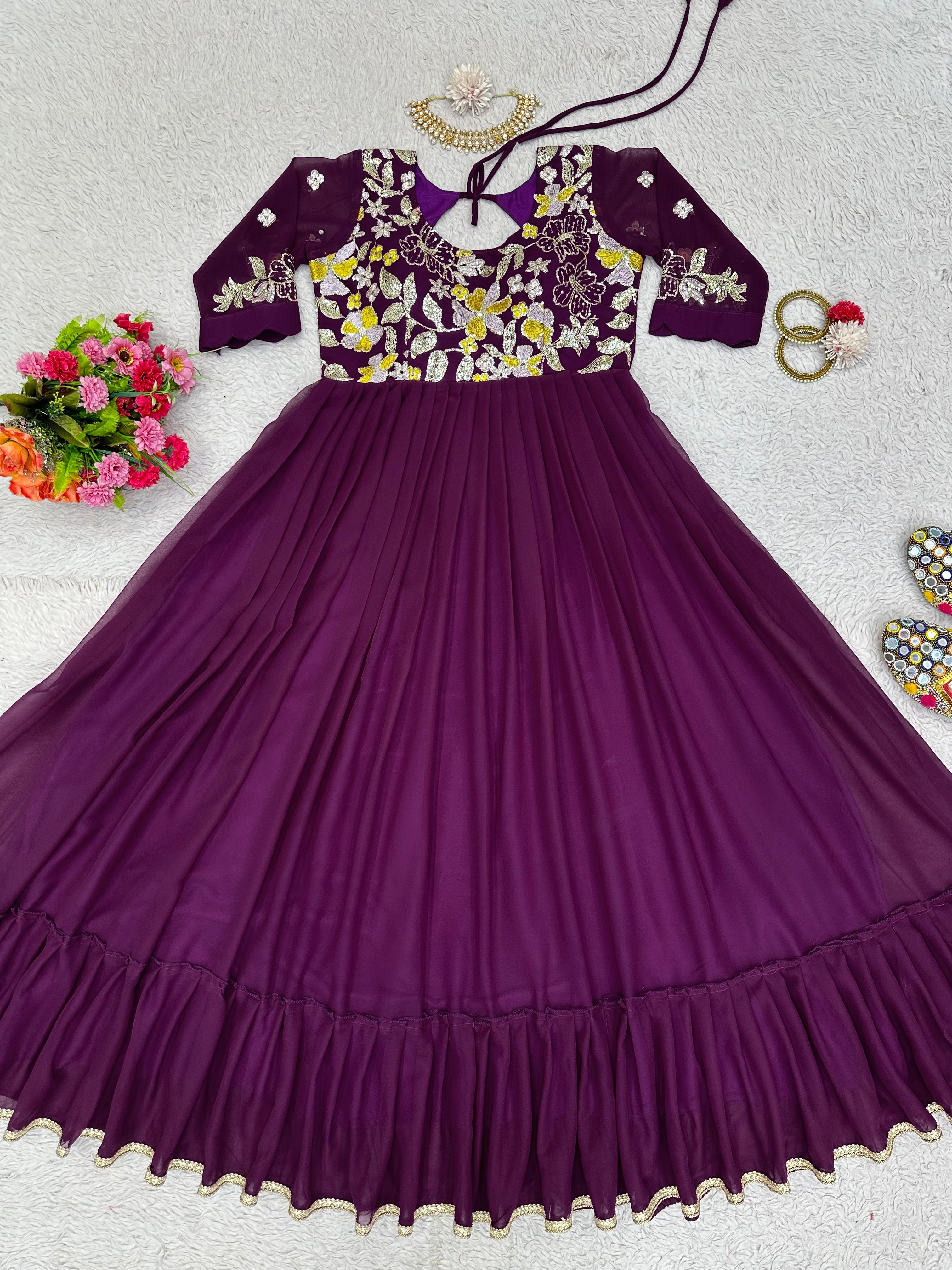 Wine Color Embroidery Work Party Wear Ruffle Gown