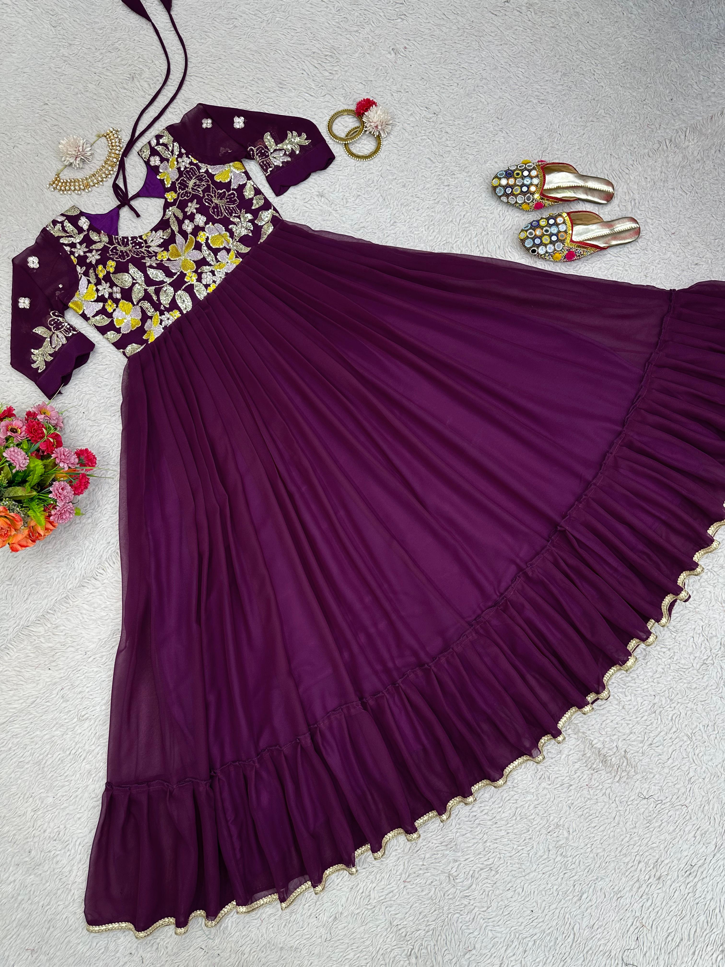 Wine Color Embroidery Work Party Wear Ruffle Gown