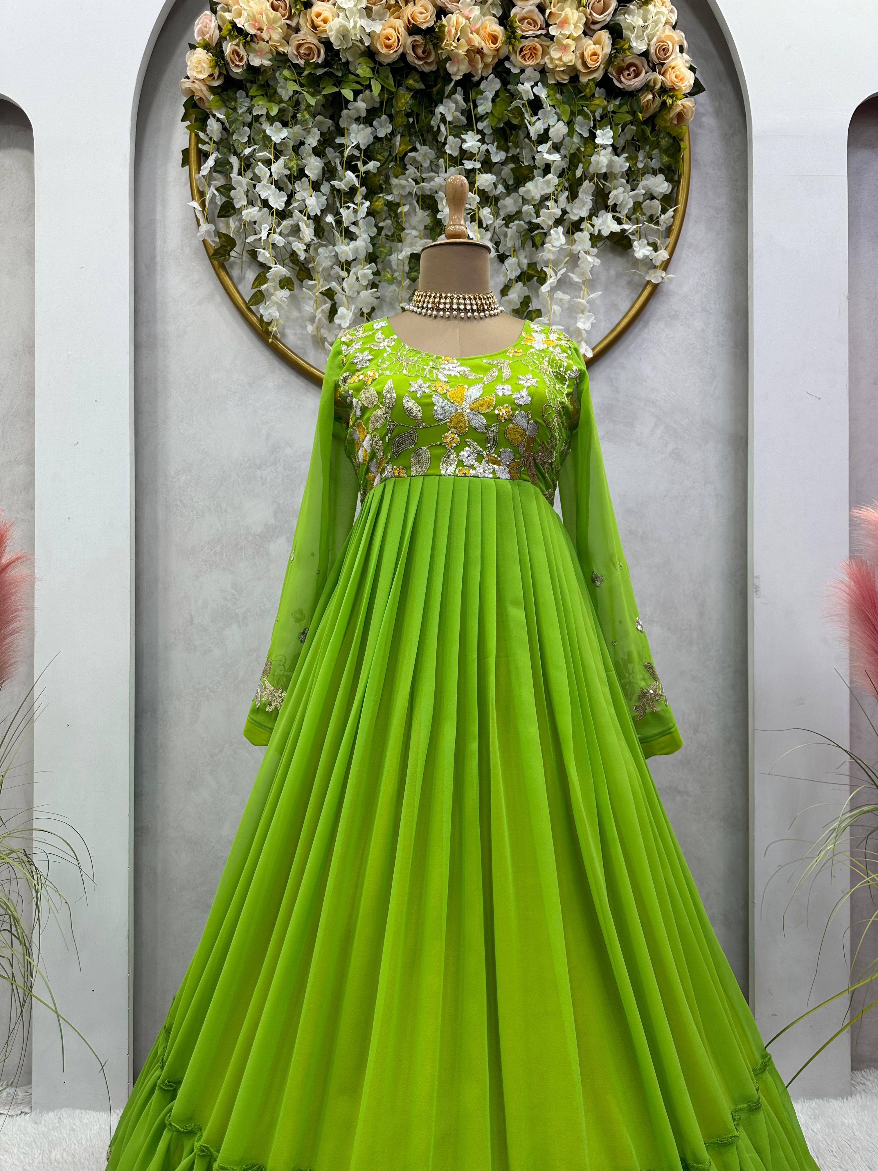 Parrot Green Color Embroidery Work Party Wear Ruffle Gown