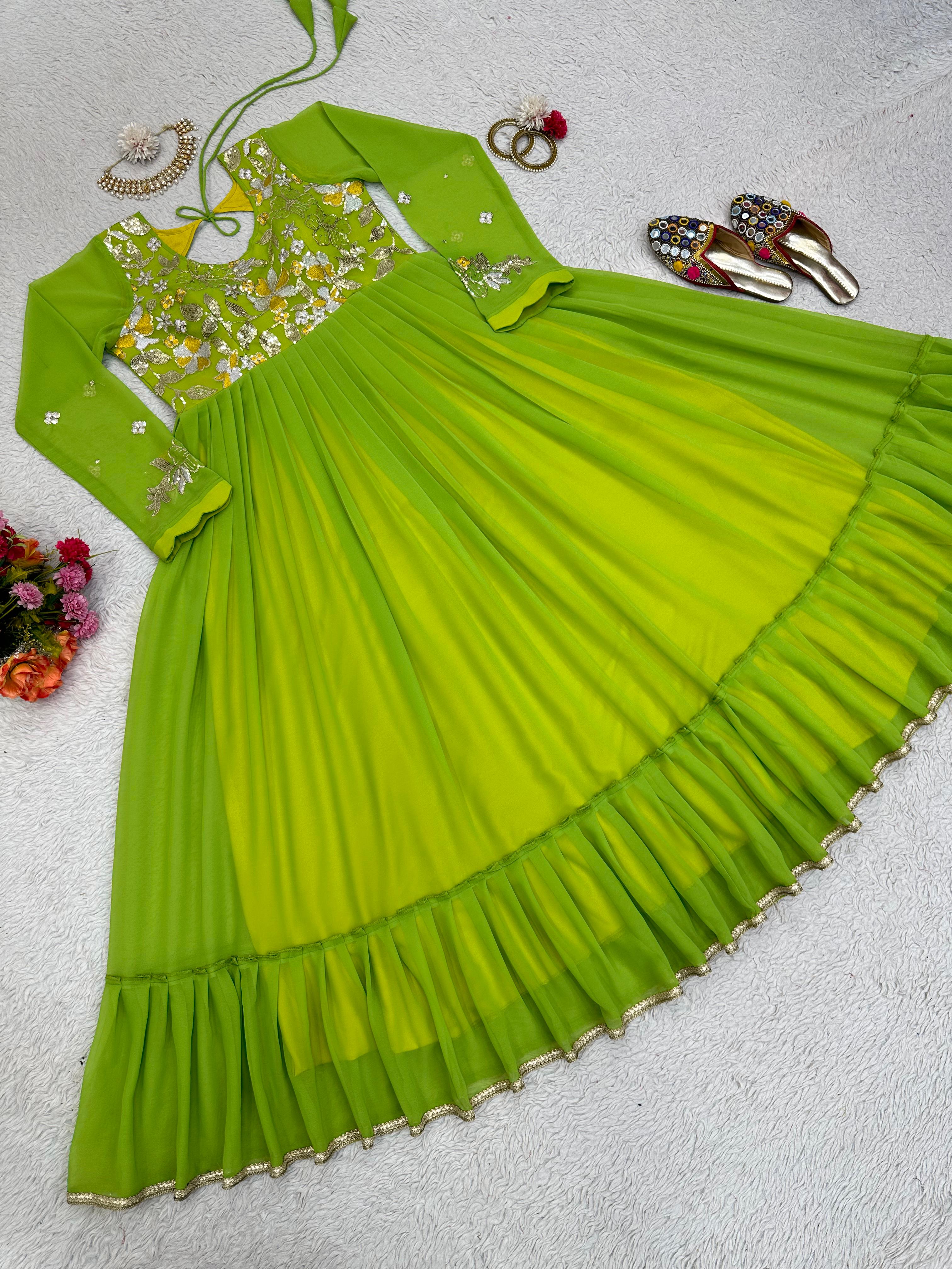 Parrot Green Color Embroidery Work Party Wear Ruffle Gown