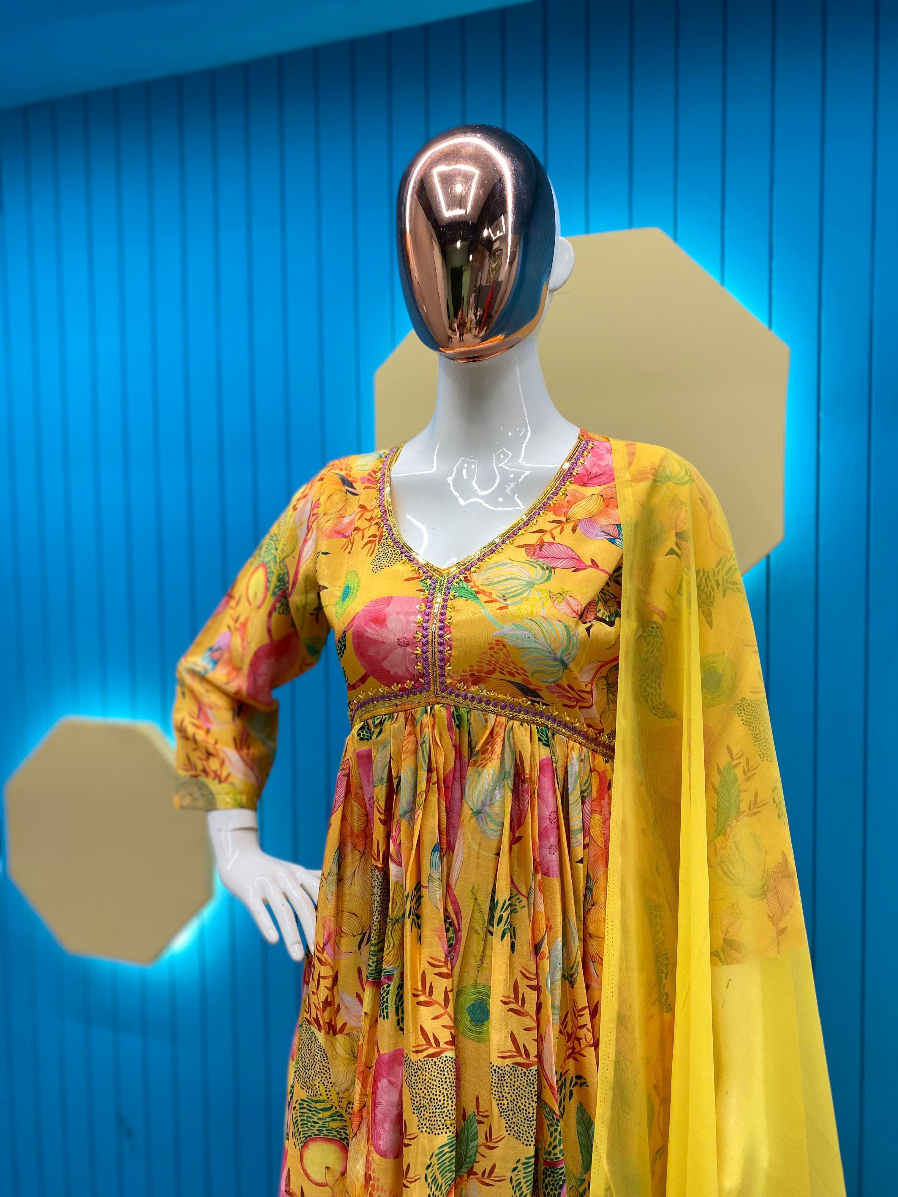 Alluring Yellow Printed With Work Alia Cut Suit