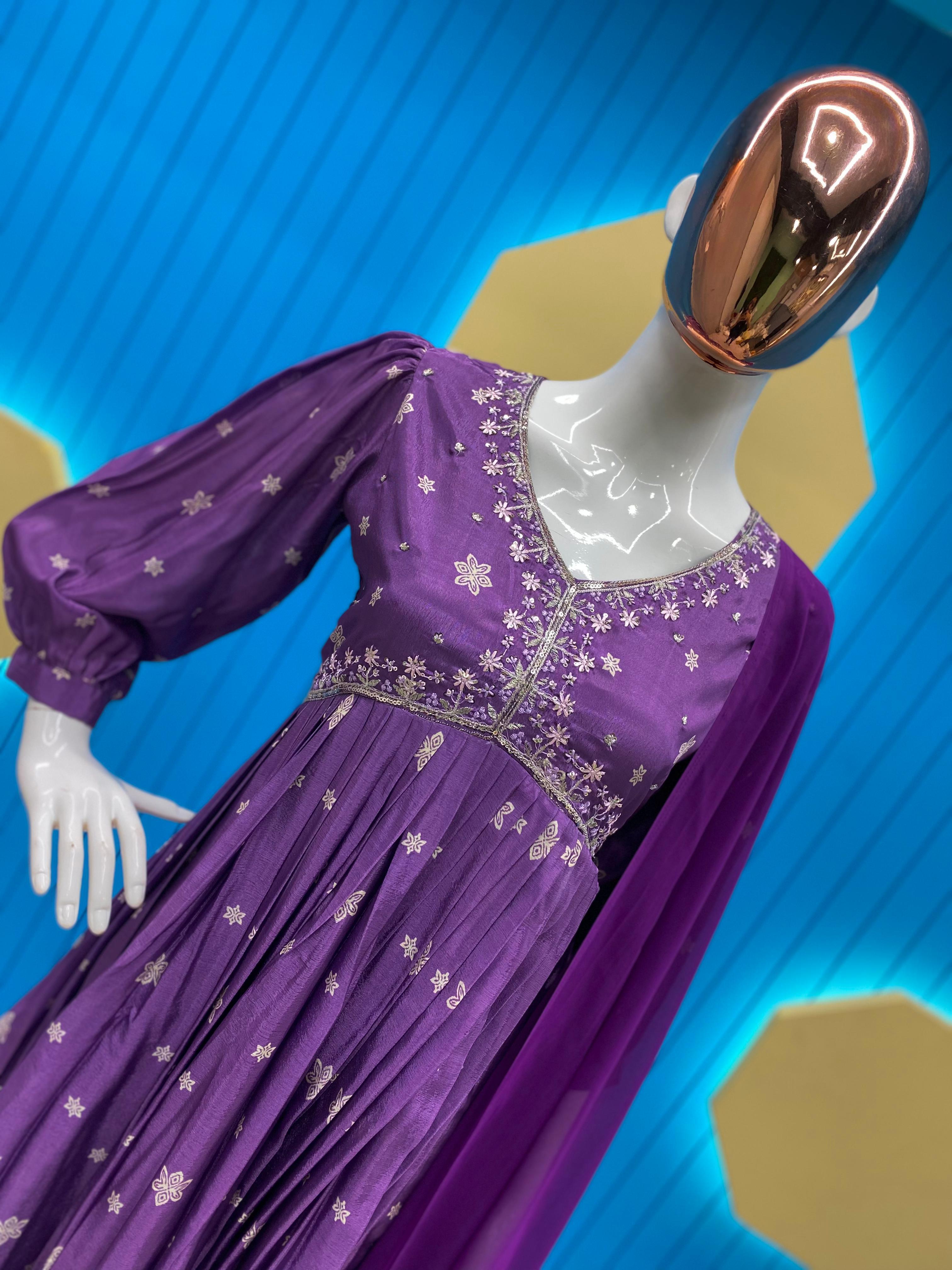 Alluring Purple Printed With Work Alia Cut Suit