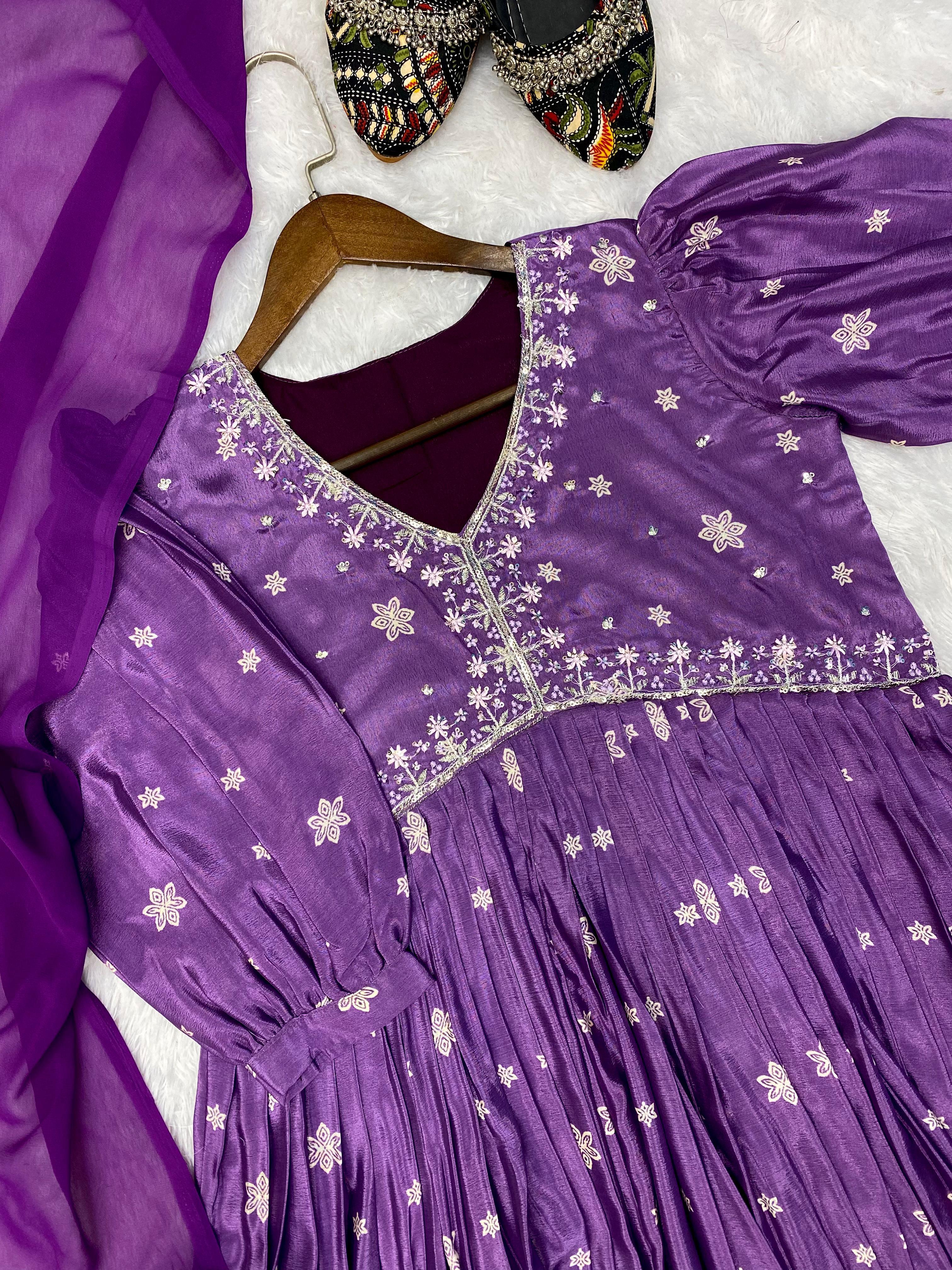 Alluring Purple Printed With Work Alia Cut Suit