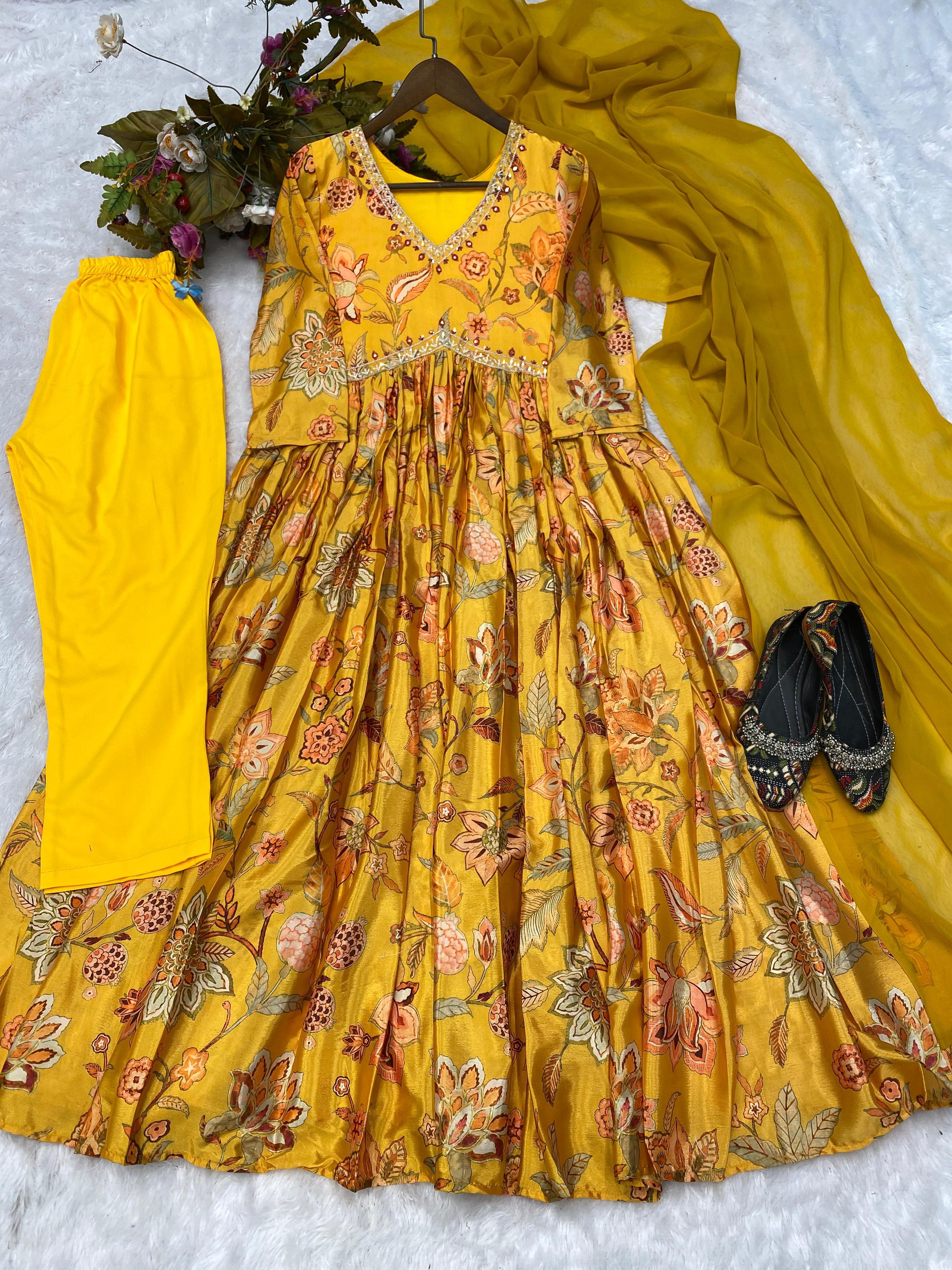 Alluring Mustard Printed With Work Alia Cut Suit