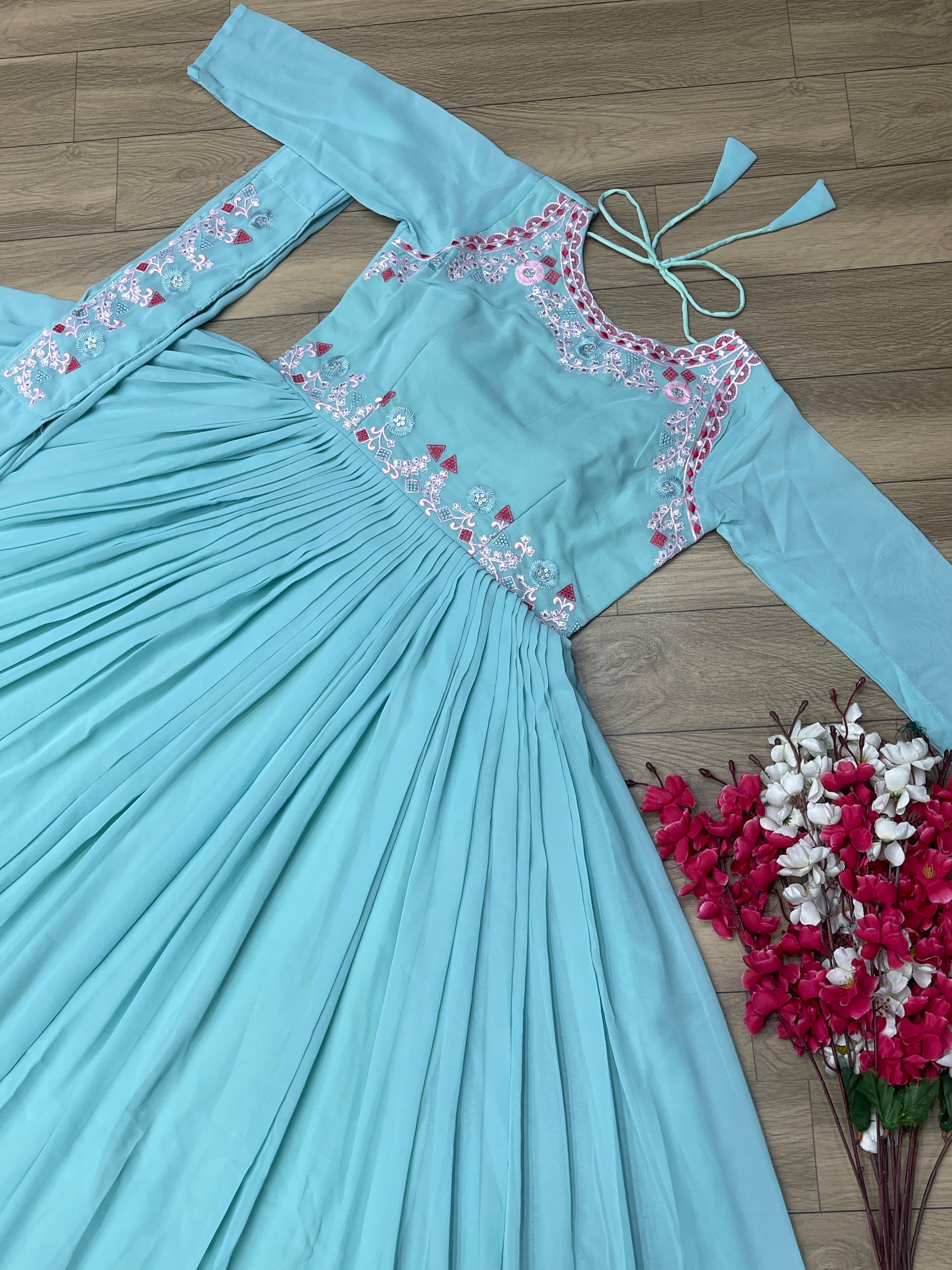 Fantastic Wear Georgette Sky Blue Color Gown With Dupatta