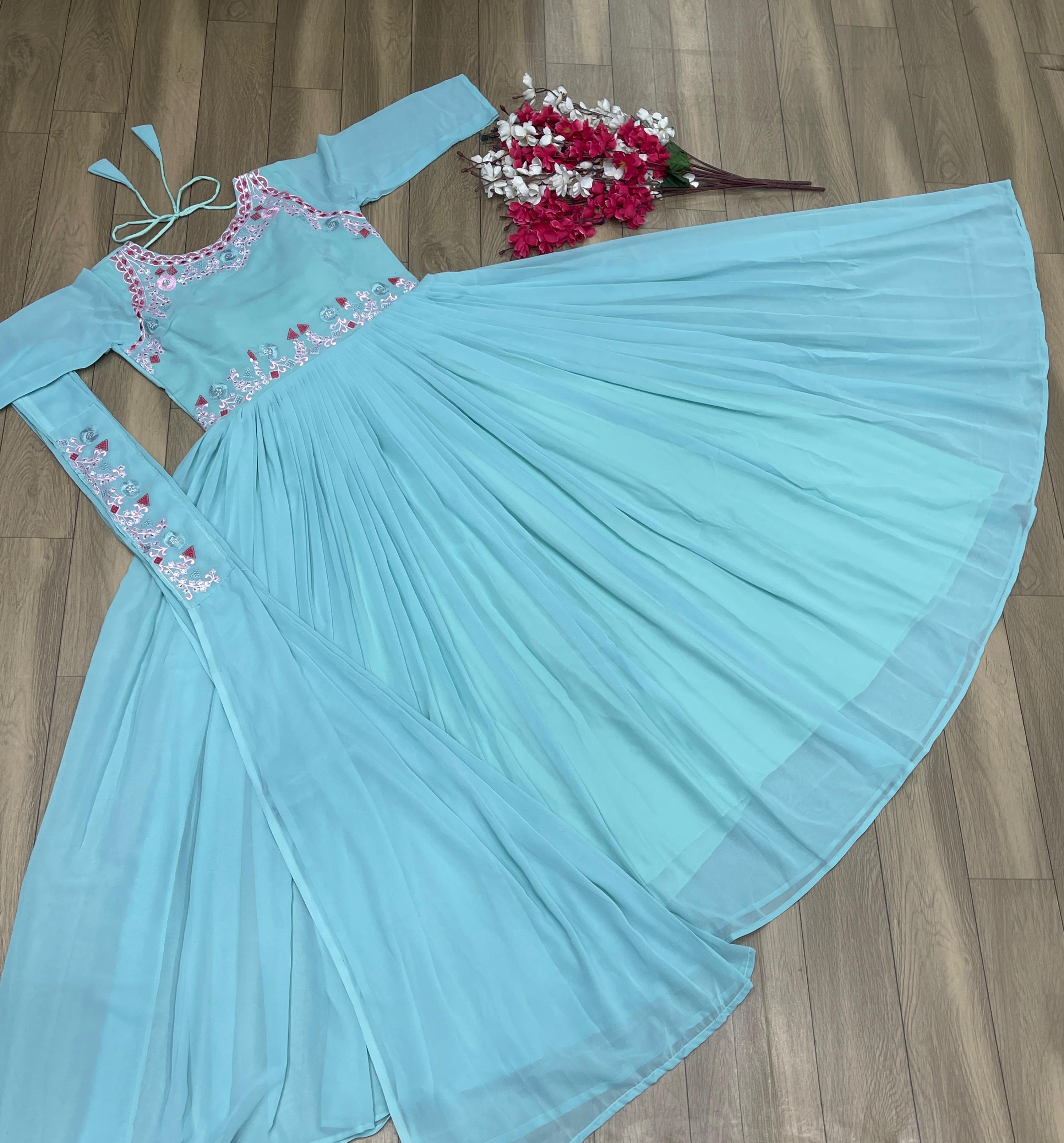 Fantastic Wear Georgette Sky Blue Color Gown With Dupatta