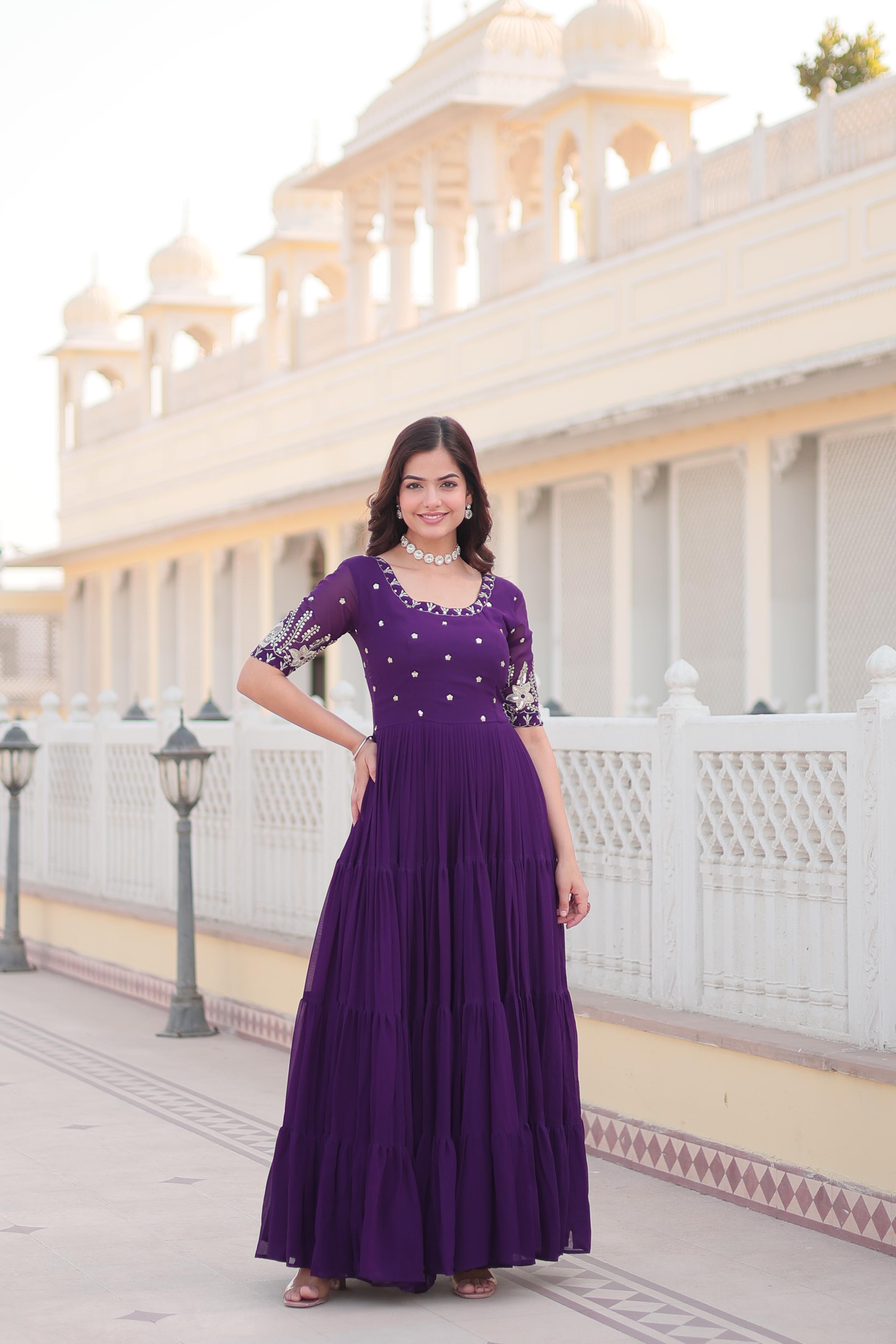 Opulent Sequence Work Purple Long Gown