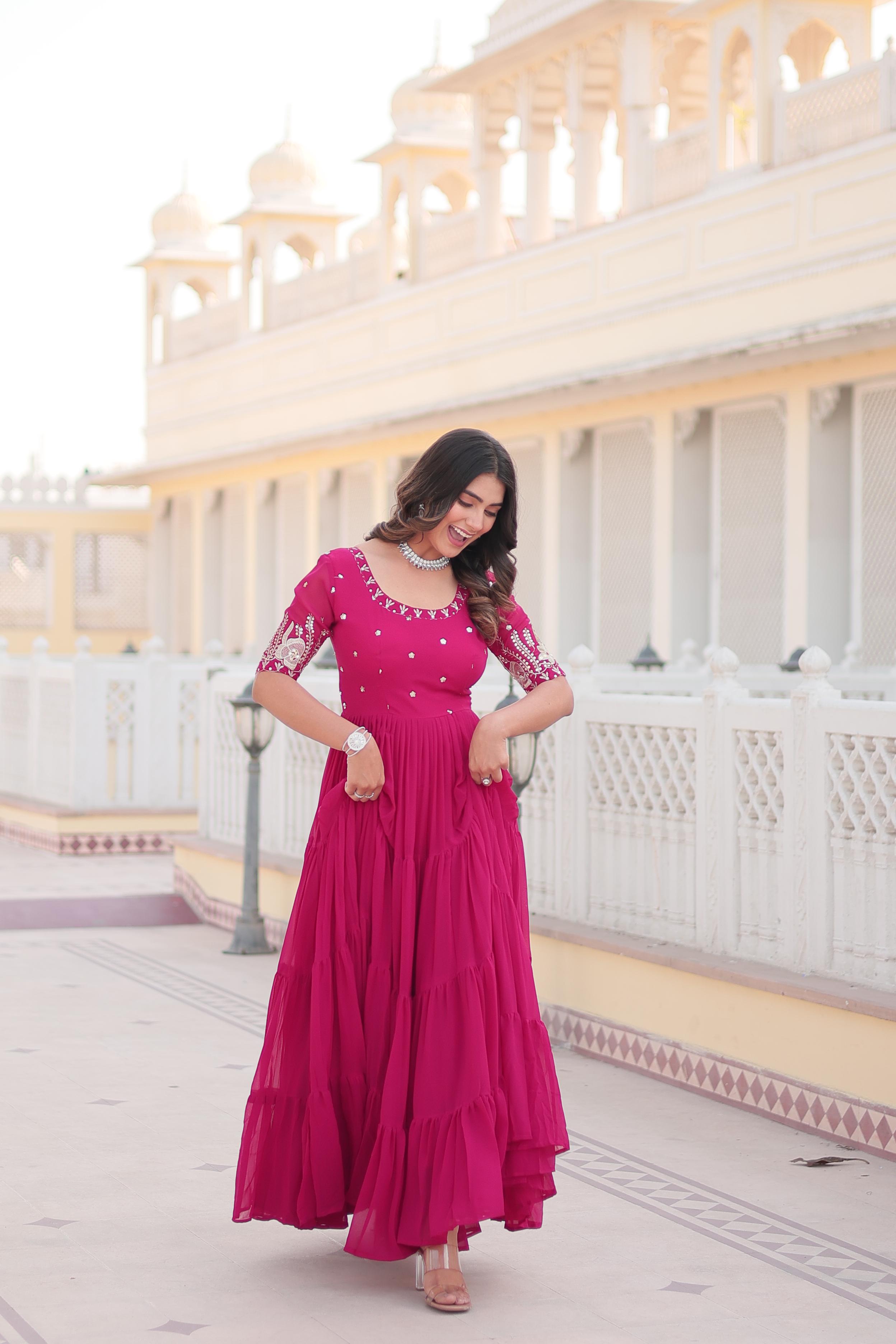 Opulent Sequence Work Pink Long Gown