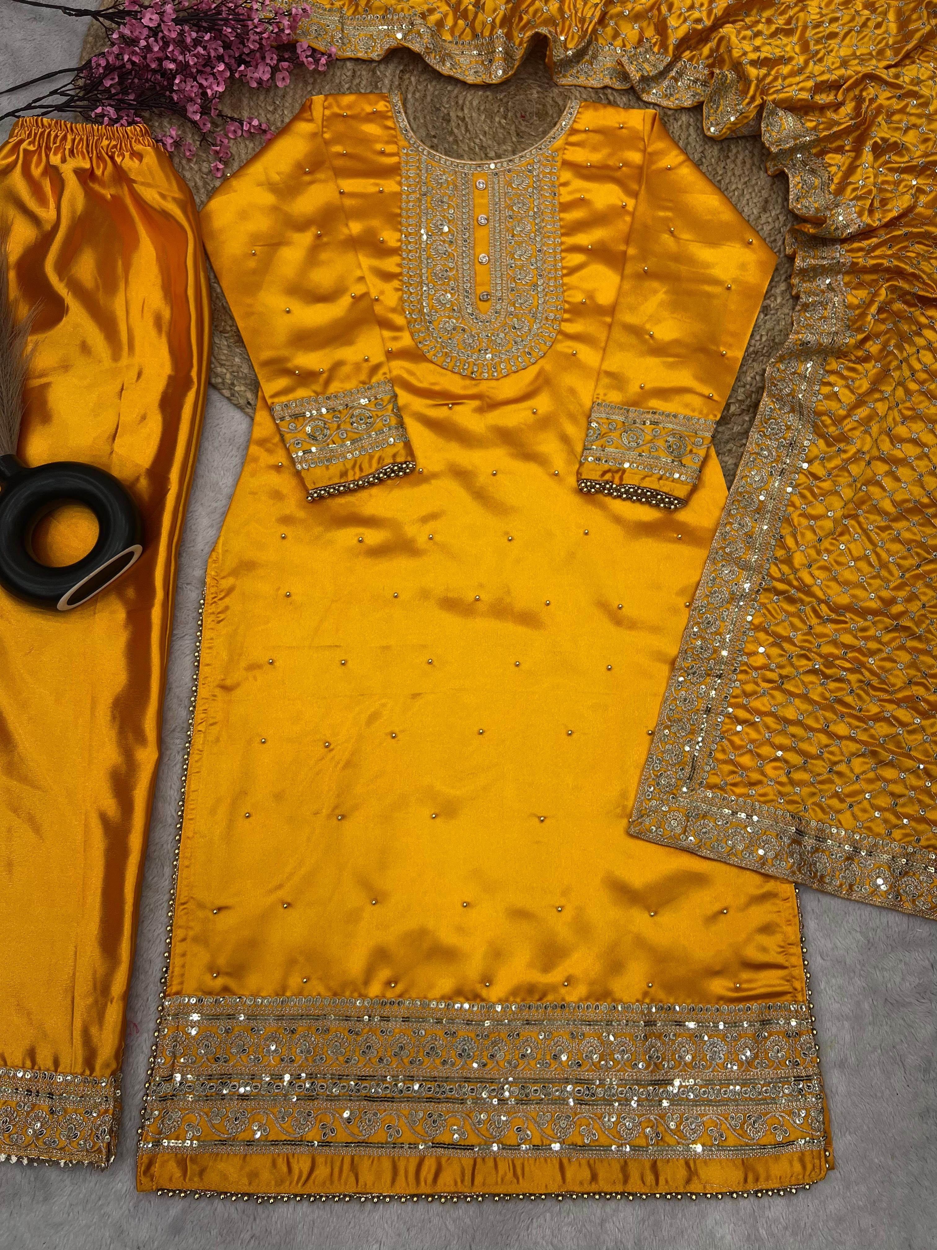 Mustard Color Sequence With Pearls Work Salwar Suit