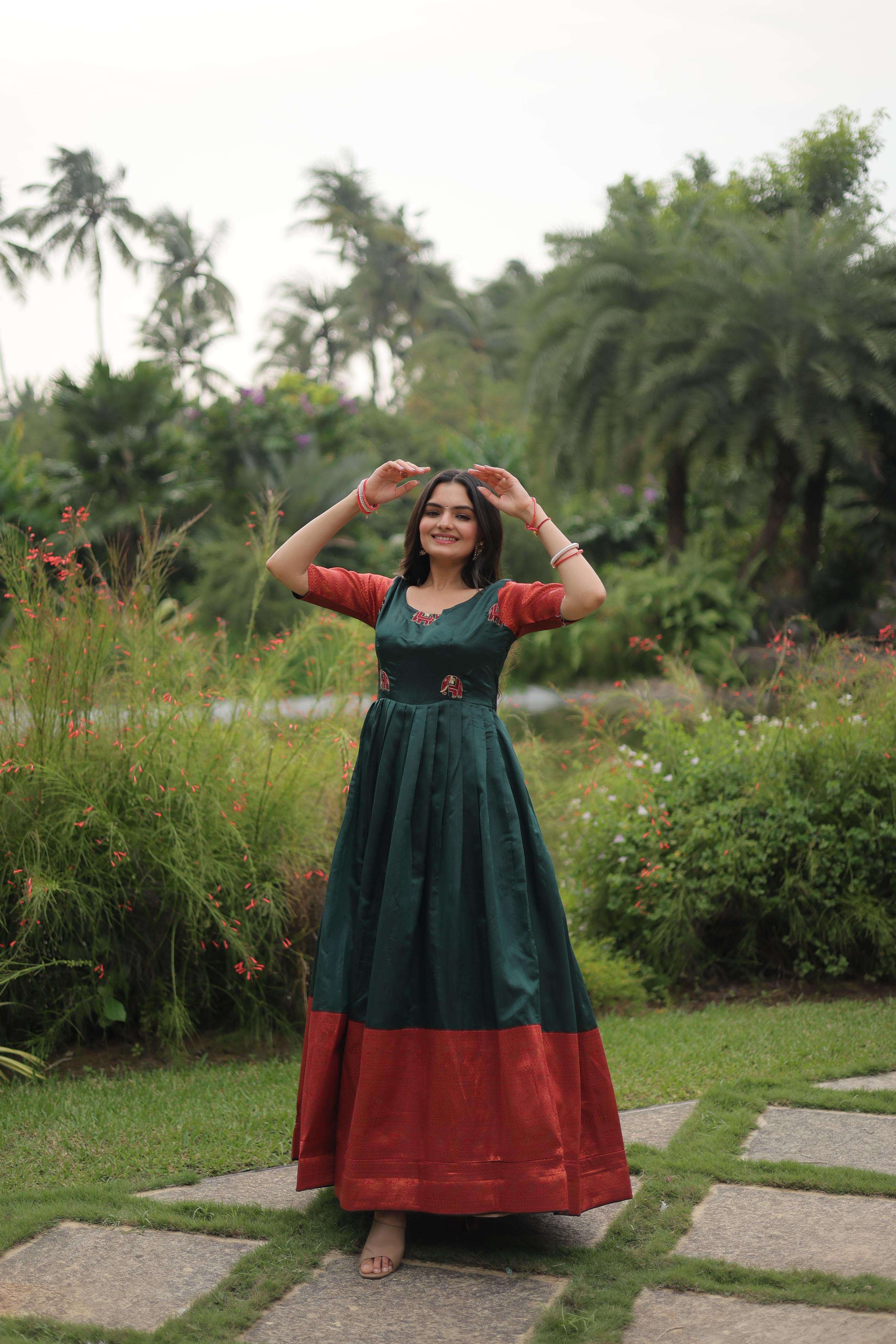 Traditional Wear Banarasi Green Jacquard Weaving Gown