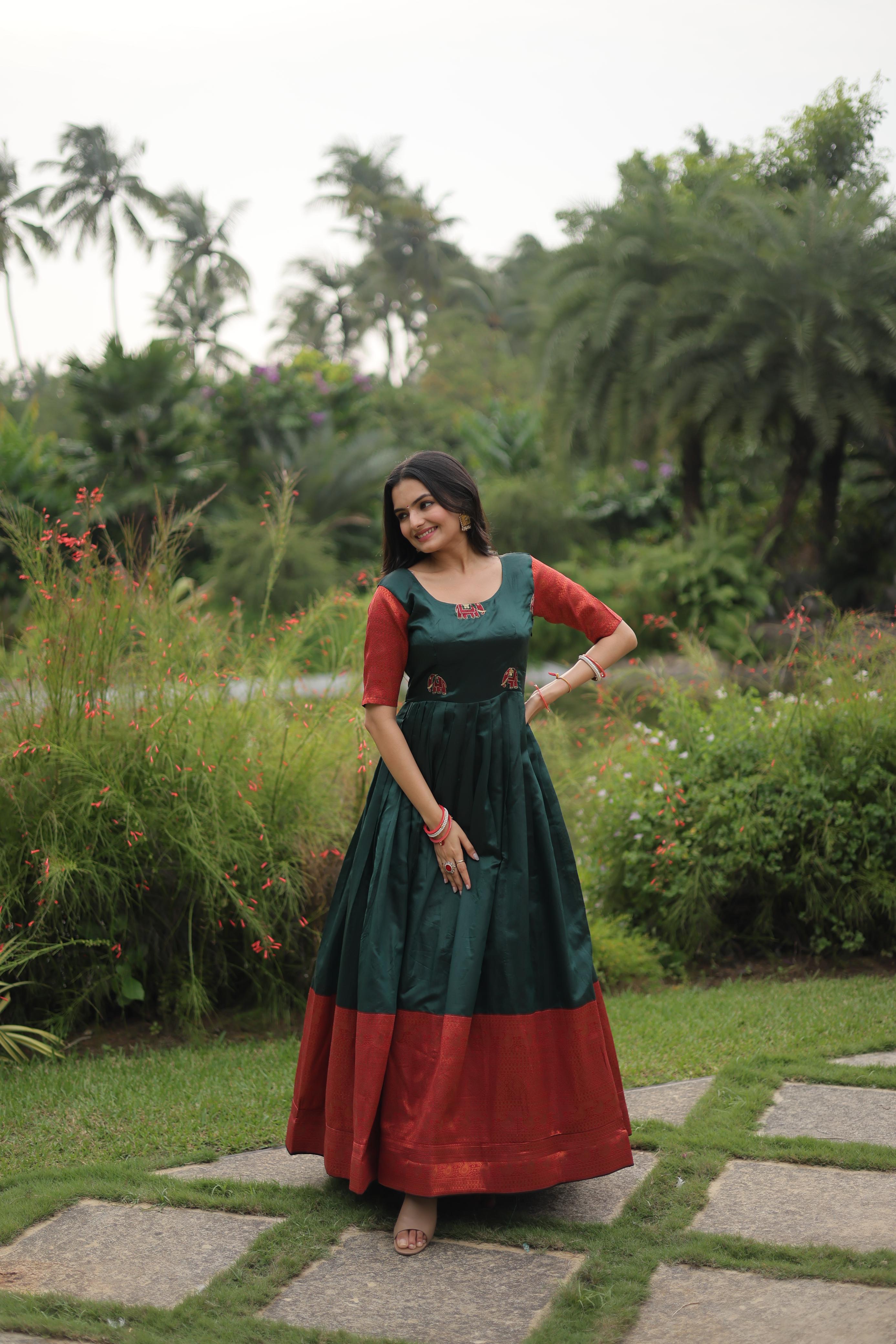Traditional Wear Banarasi Green Jacquard Weaving Gown