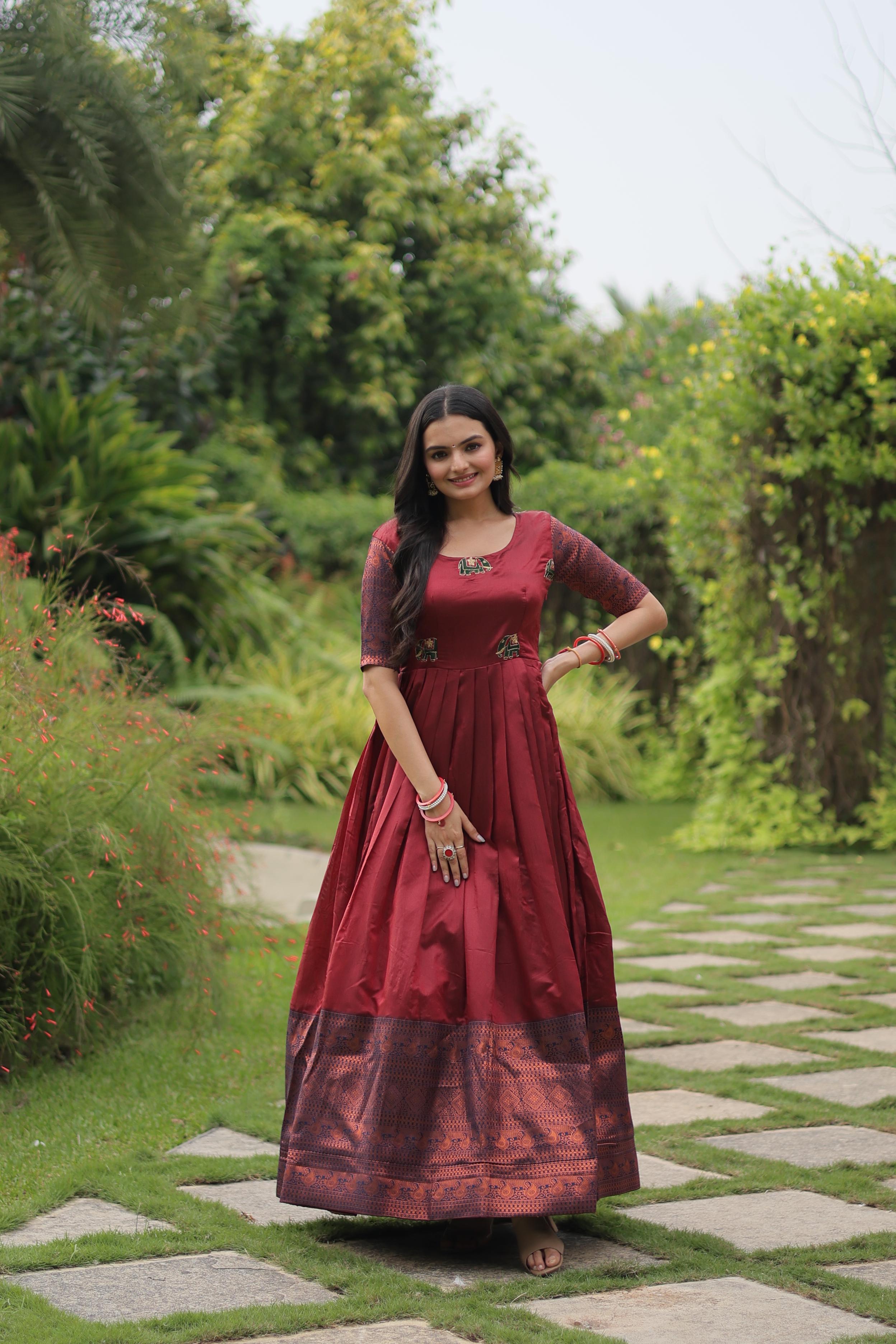 Traditional Wear Banarasi Maroon Jacquard Weaving Gown