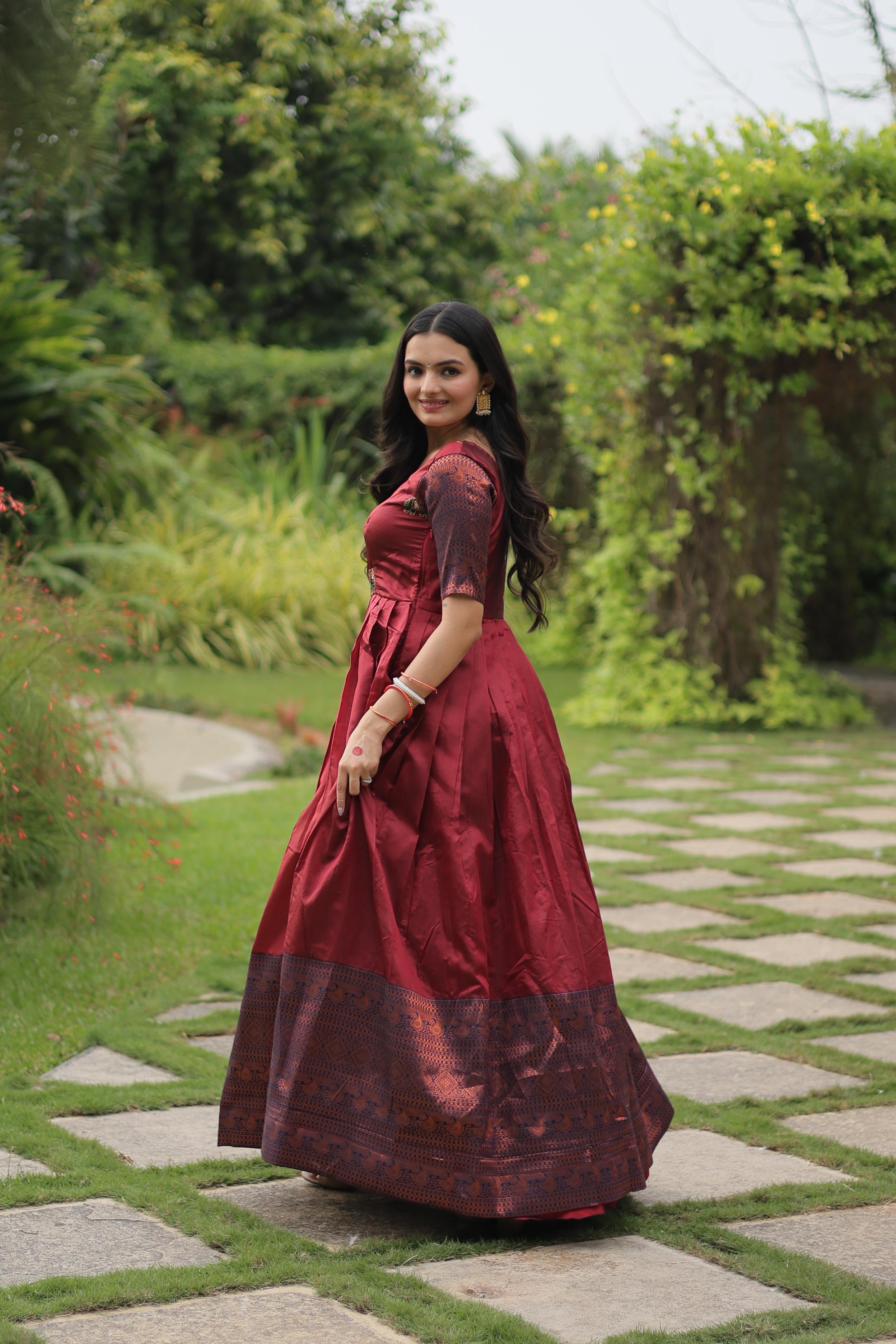 Traditional Wear Banarasi Maroon Jacquard Weaving Gown