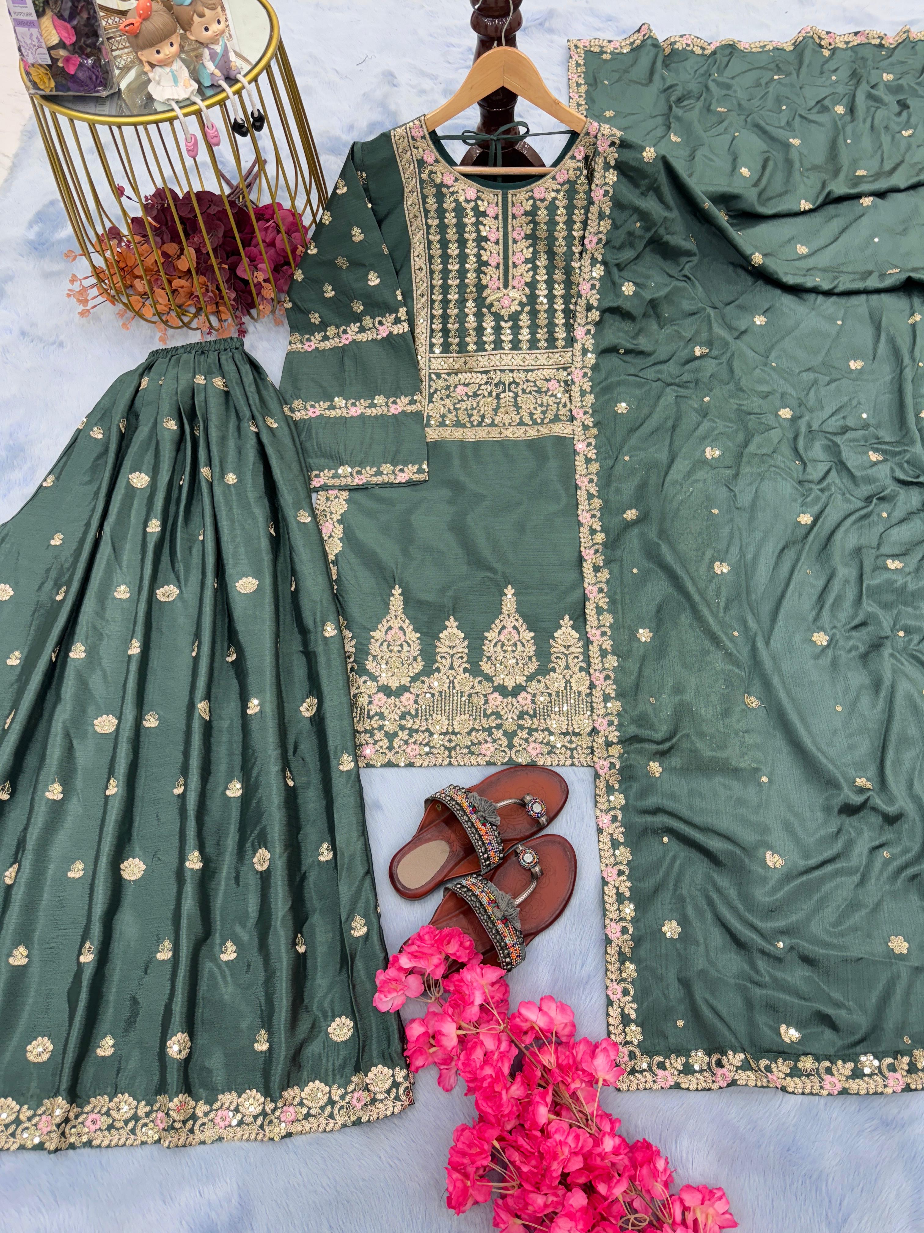 Function Wear Dusty Green Color Work Sharara Suit