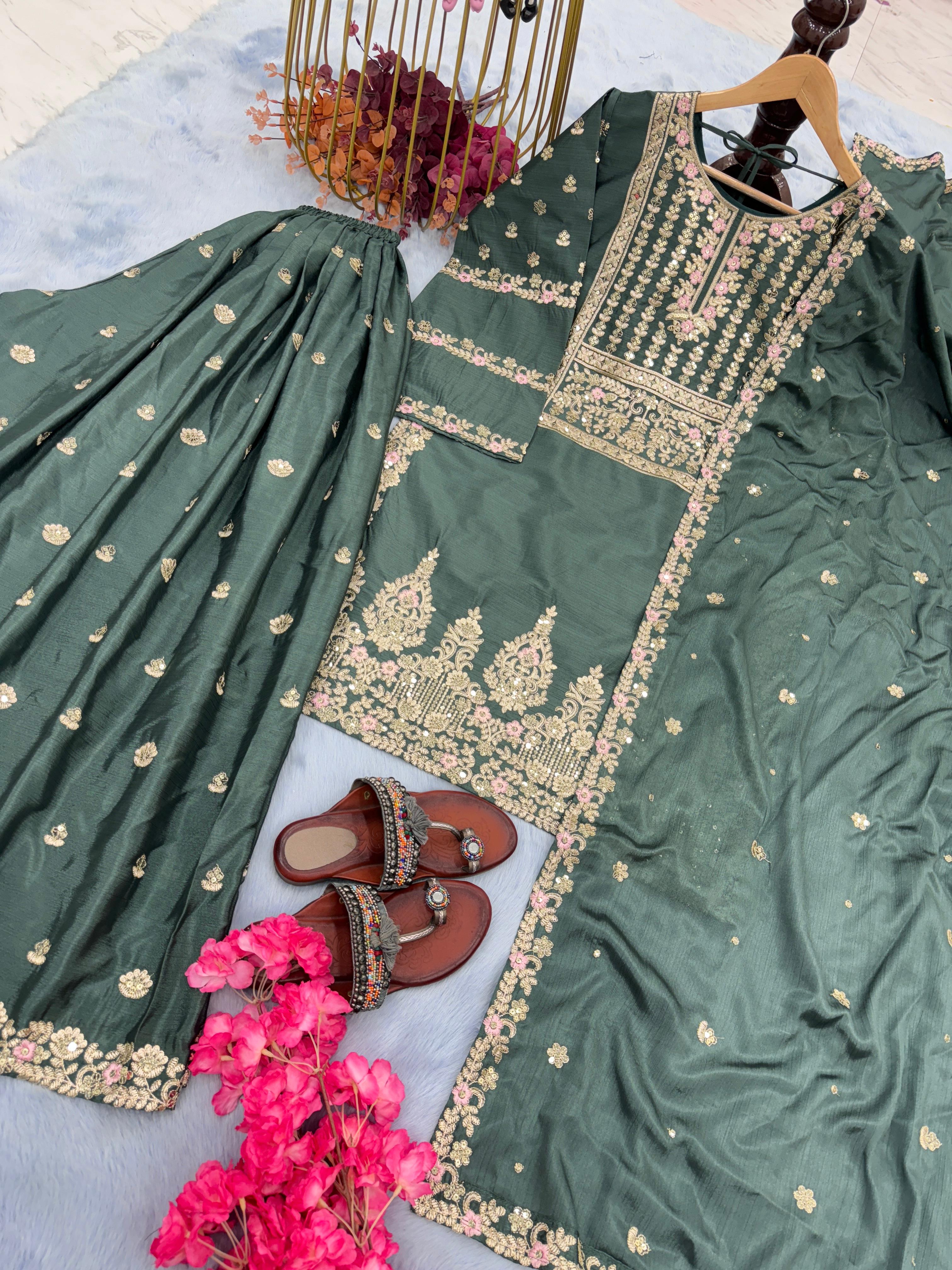 Function Wear Dusty Green Color Work Sharara Suit