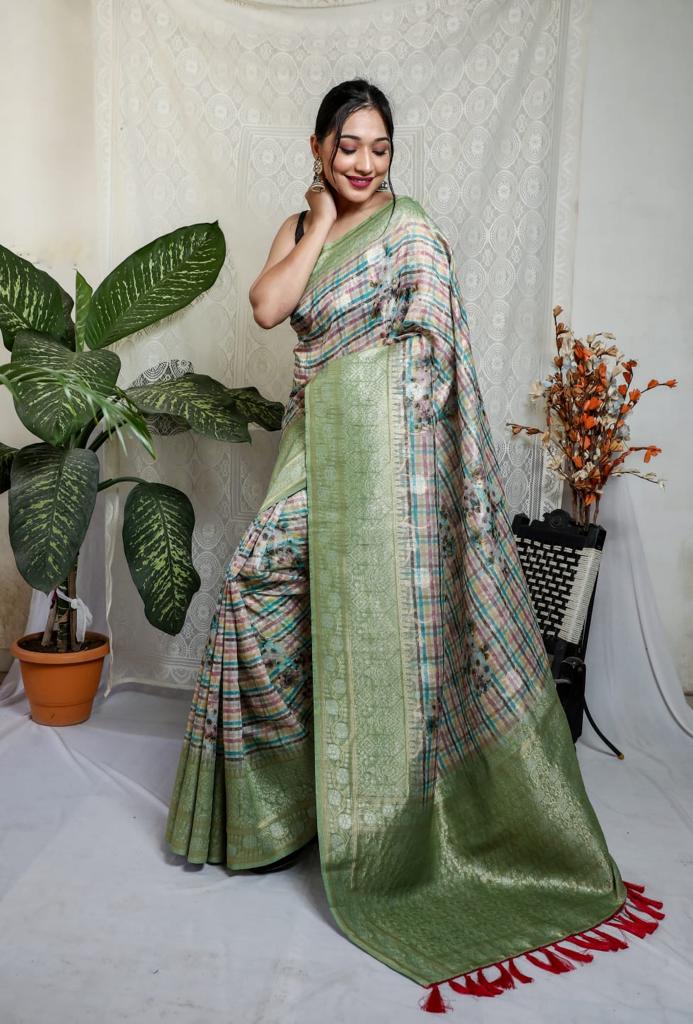 Mushroom Silk Multi With Green Weaving Saree