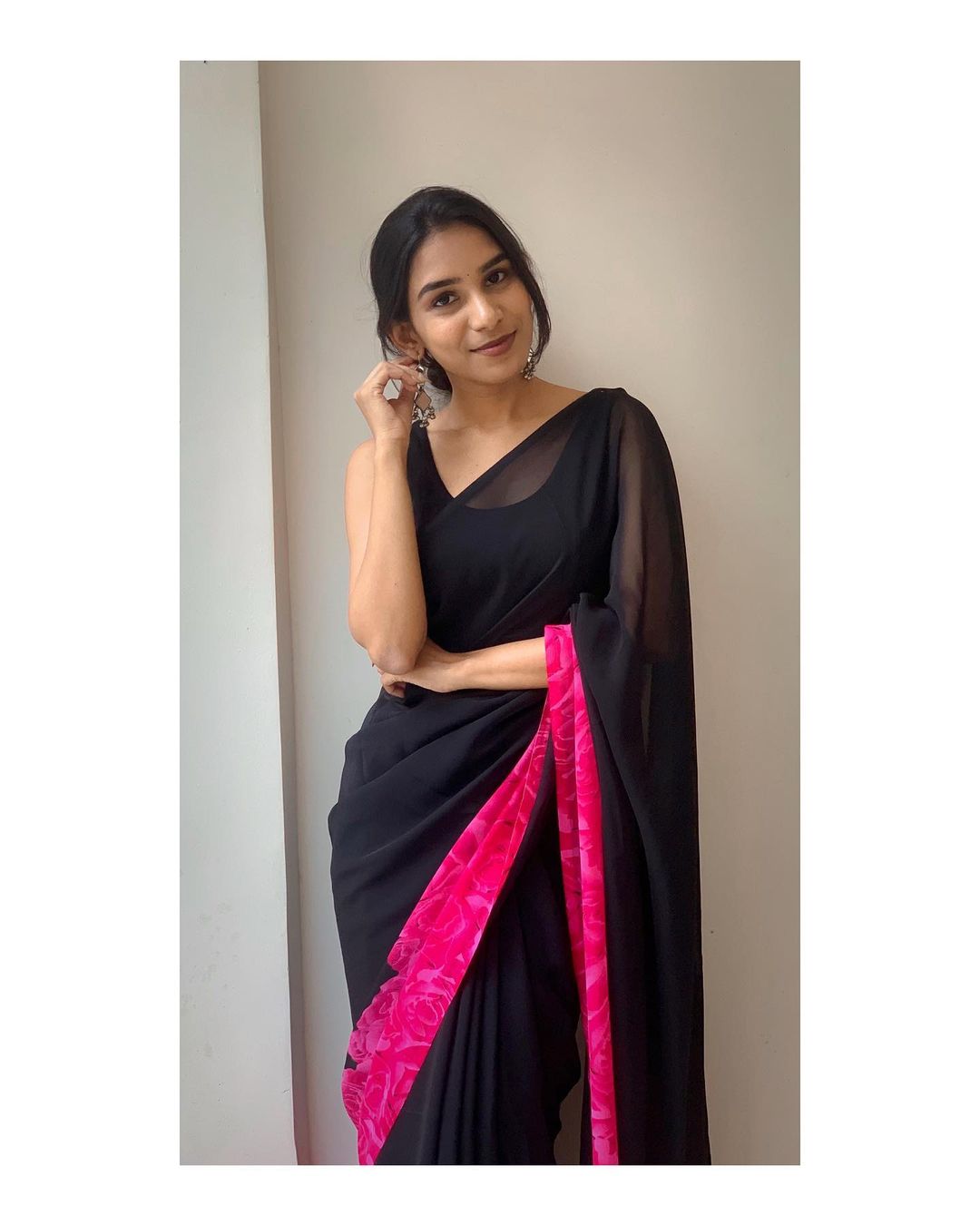 Black Color Pink Border Ready To Wear Saree