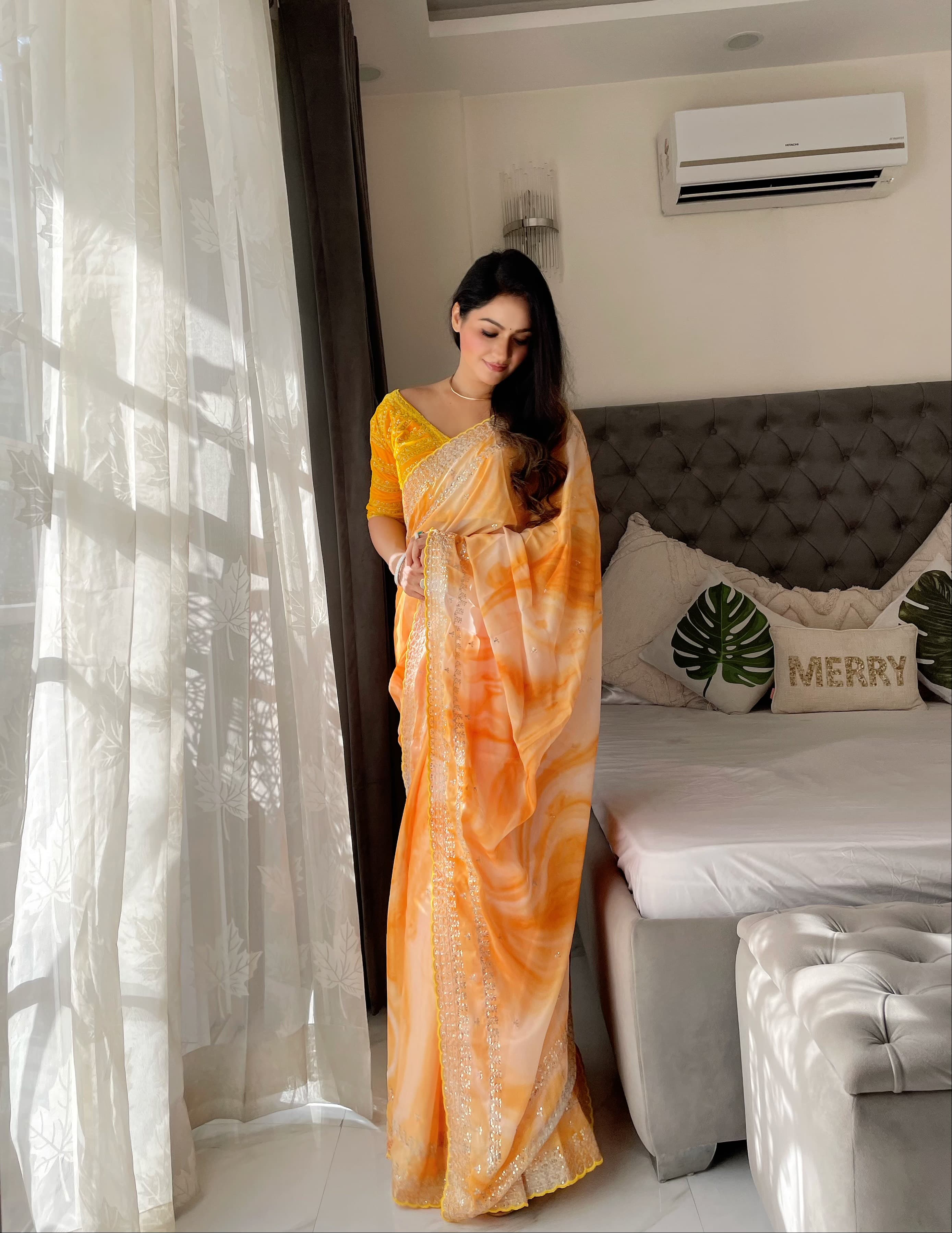 Beautiful Border With Printed Mustard Saree With Velvet Blouse