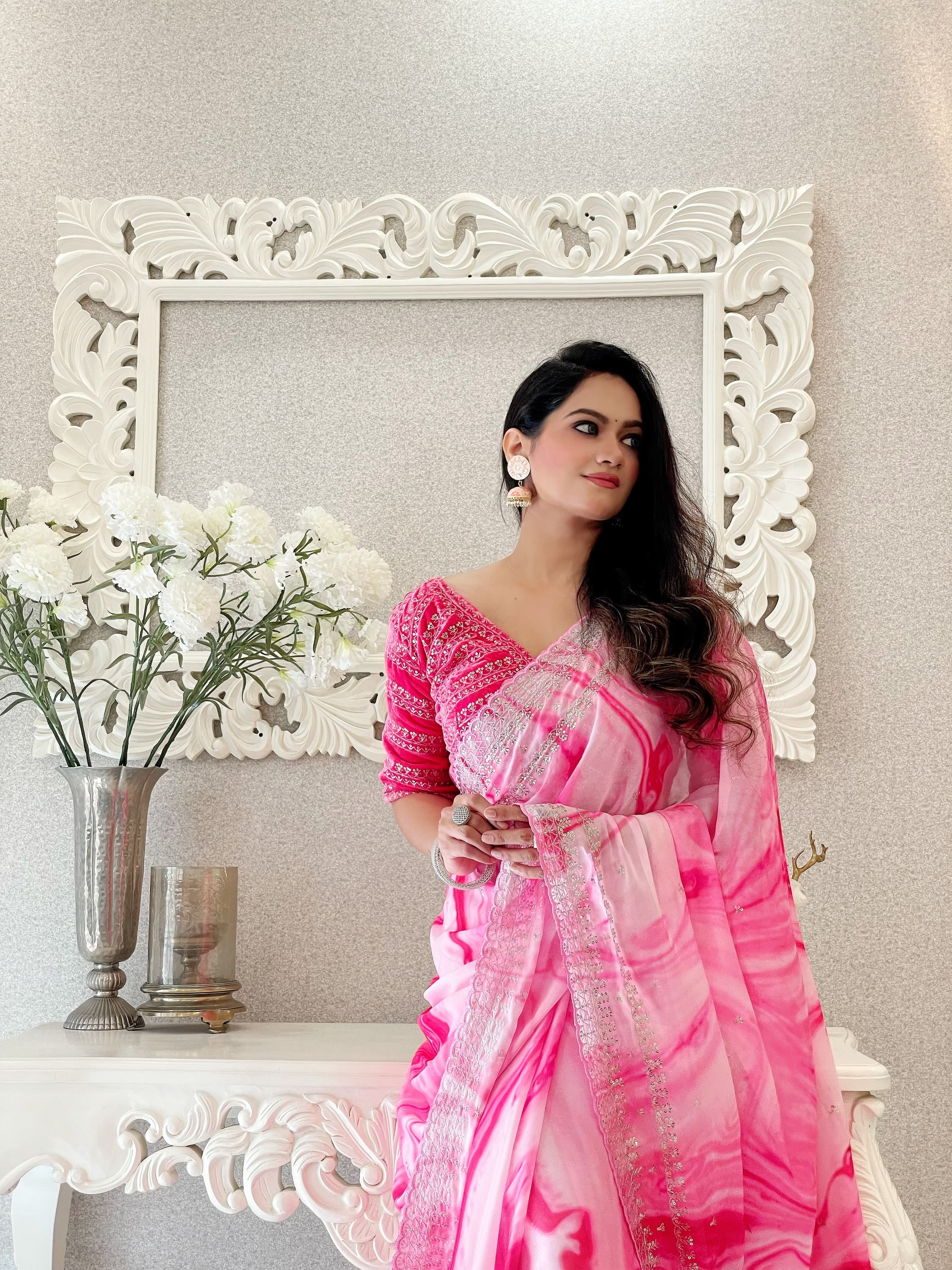Beautiful Border With Printed Pink Saree With Velvet Blouse