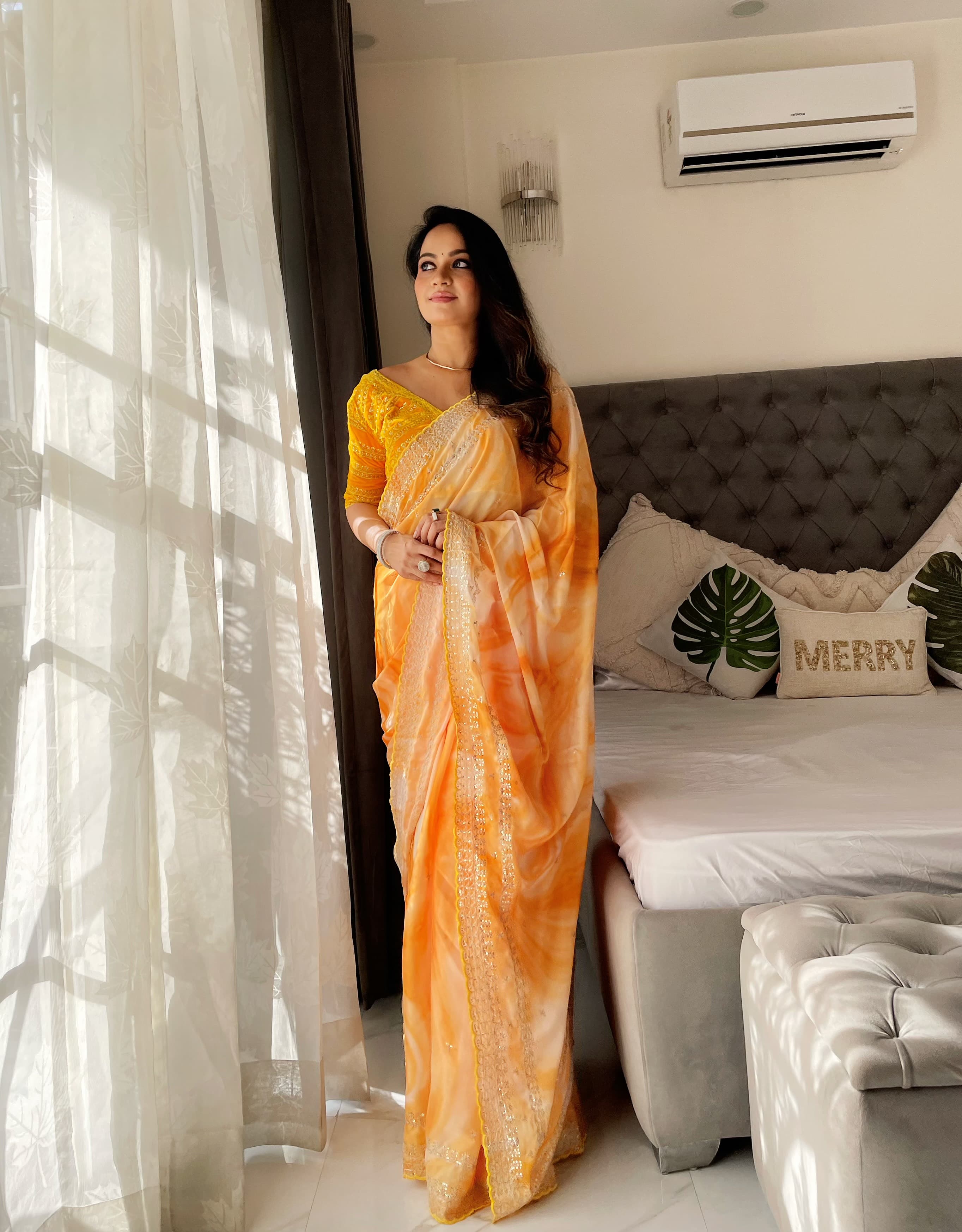 Beautiful Border With Printed Mustard Saree With Velvet Blouse