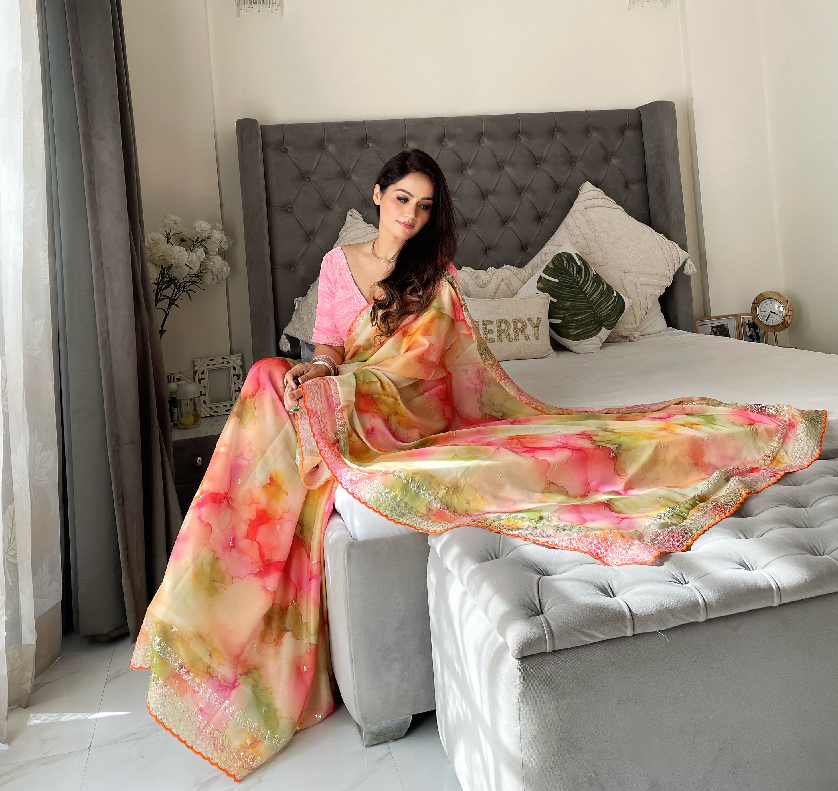 Beautiful Border With Printed Multi Saree With Velvet Blouse