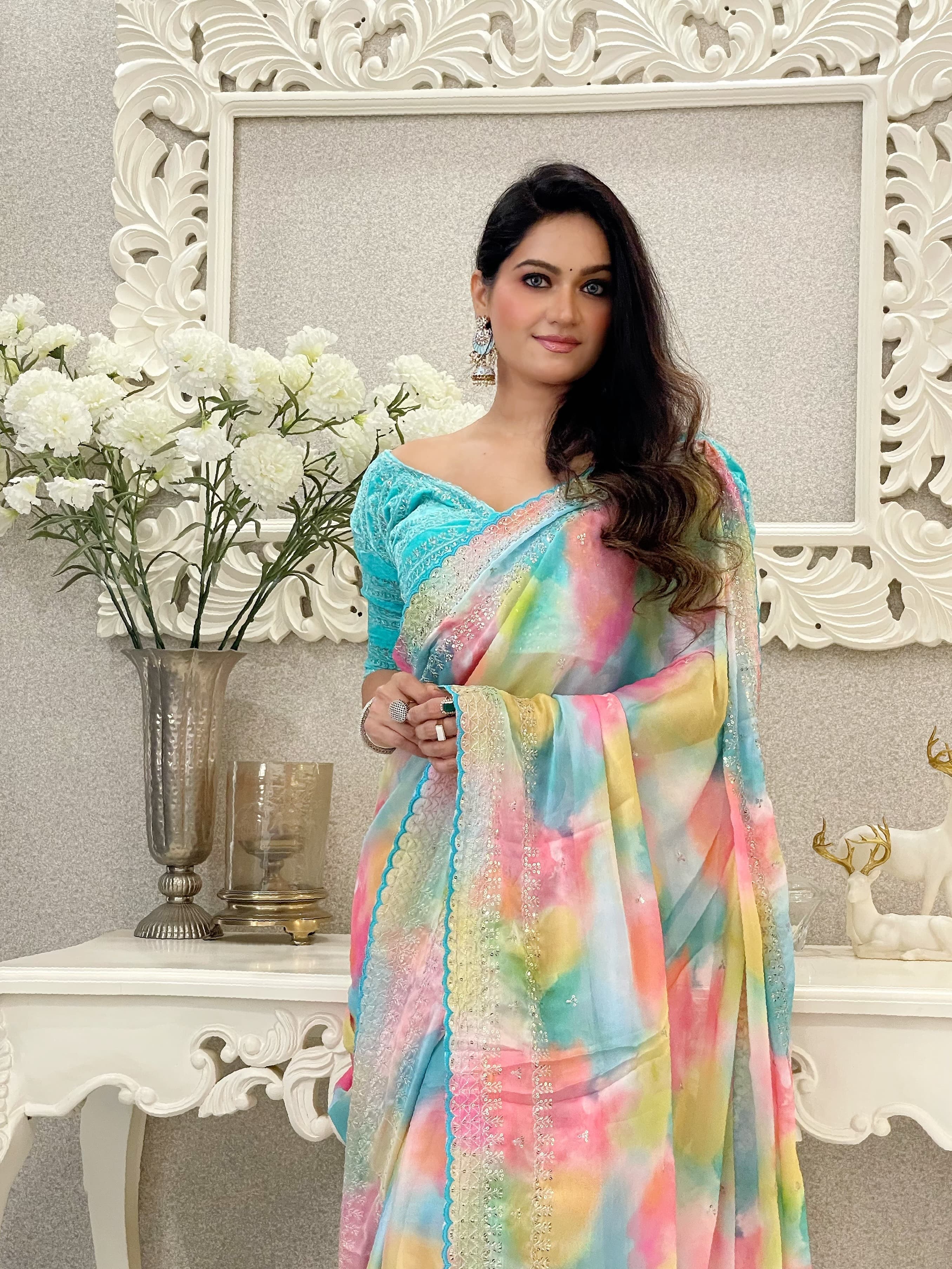 Beautiful Border With Printed Sky Blue Saree With Velvet Blouse