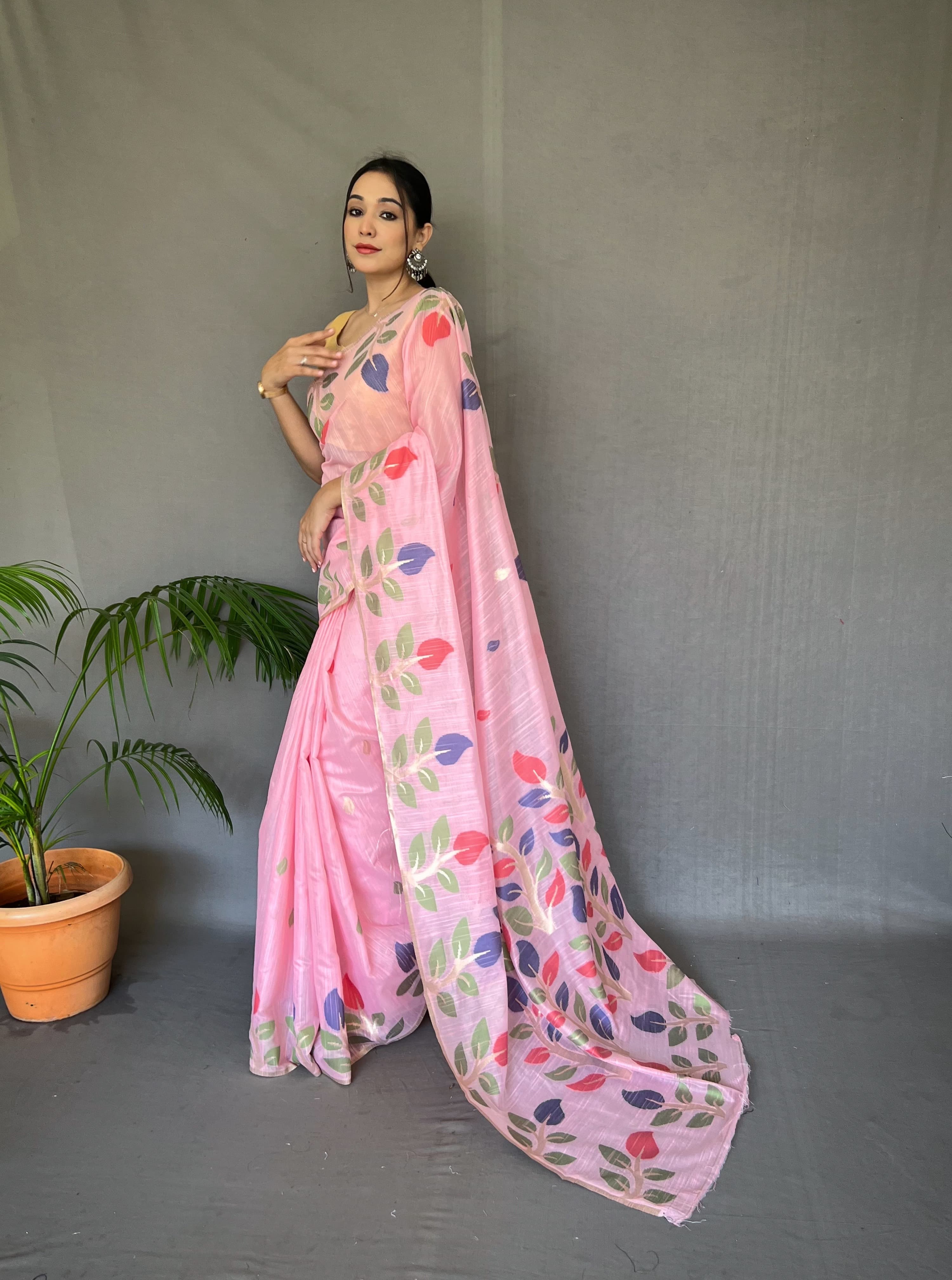 Pink Linen Saree With Meenakari Weaving Work