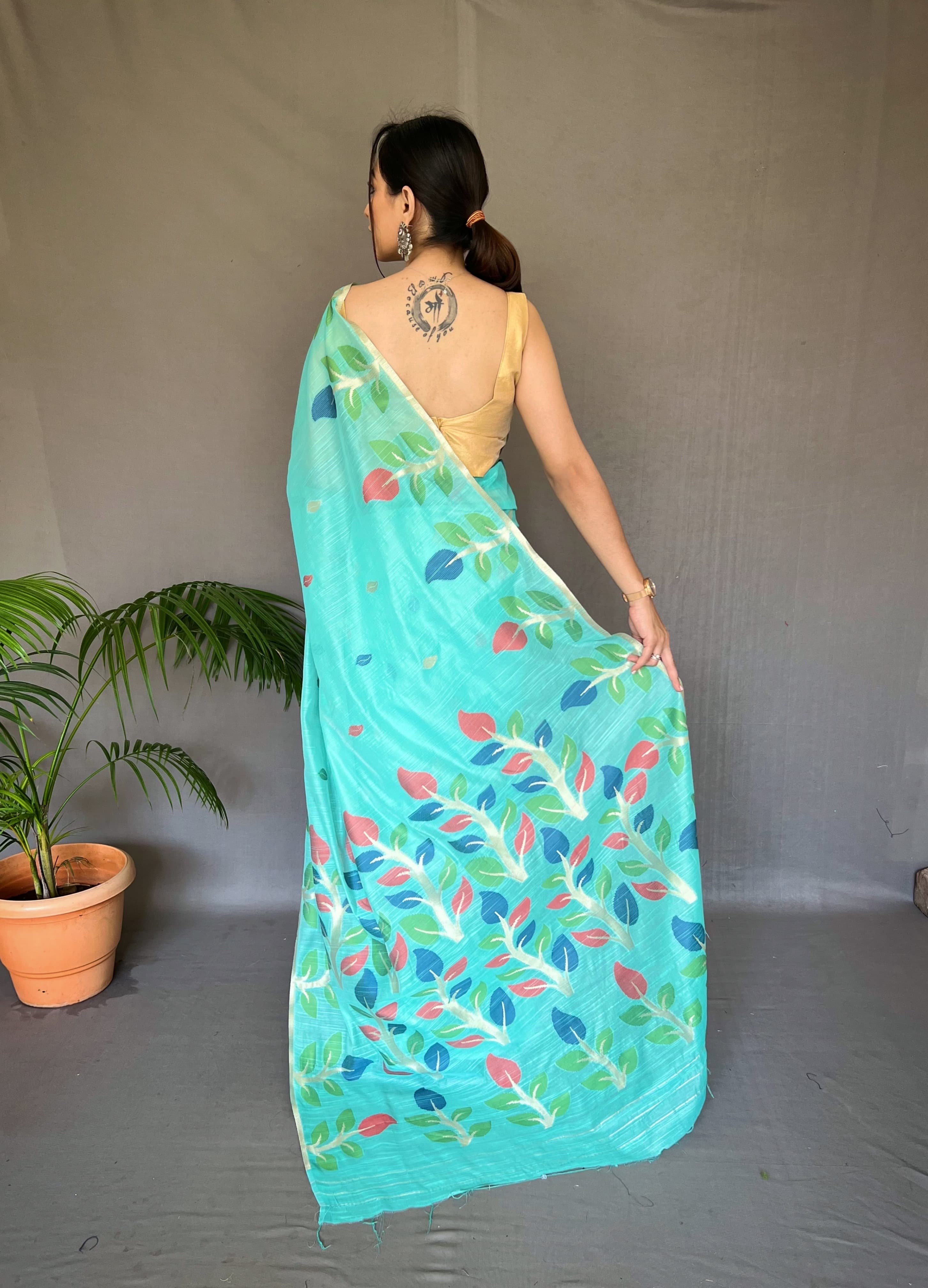 Aqua Blue Linen Saree With Meenakari Weaving Work