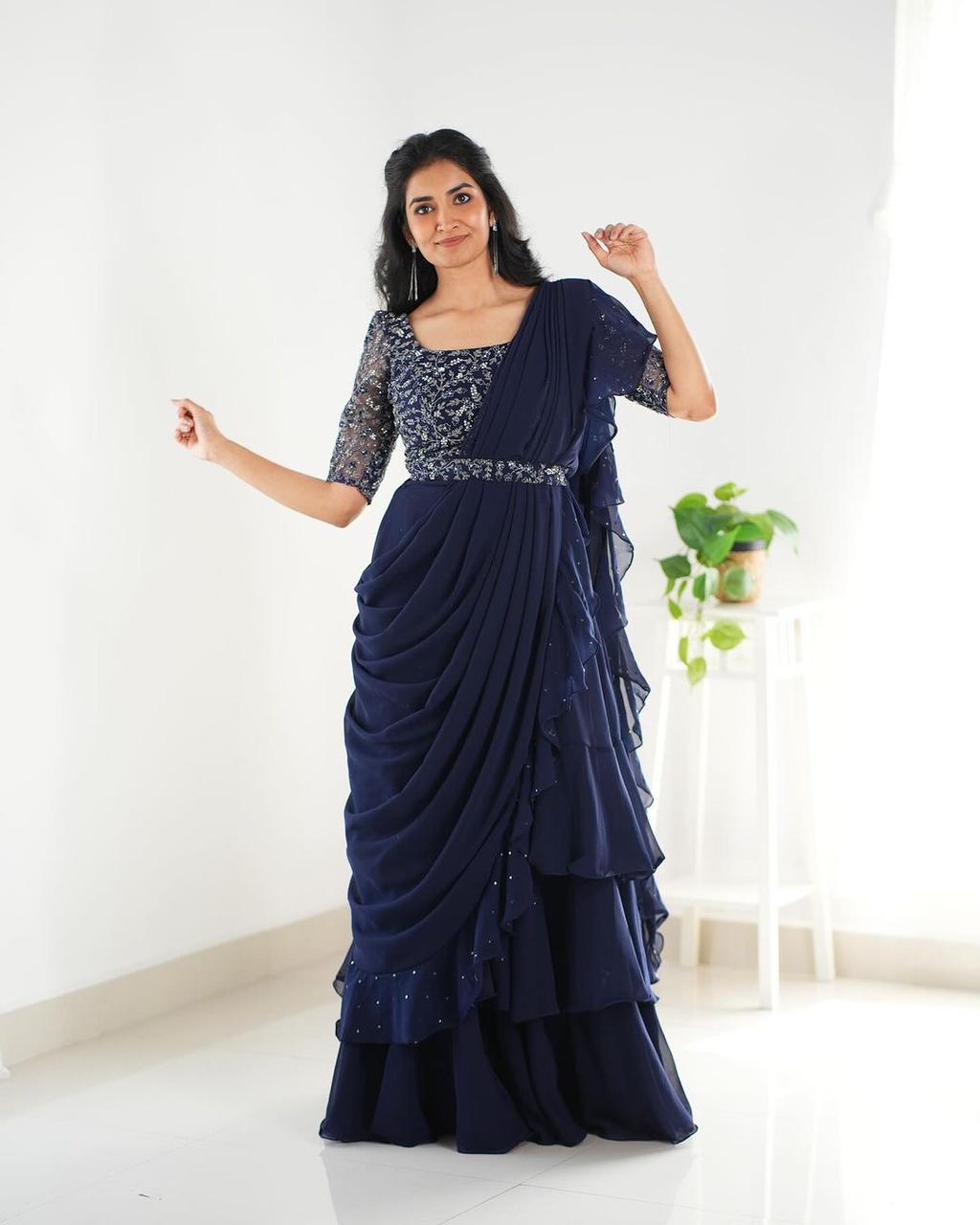 Navy Blue Ruffle Saree With Beautiful Embroidery Blouse