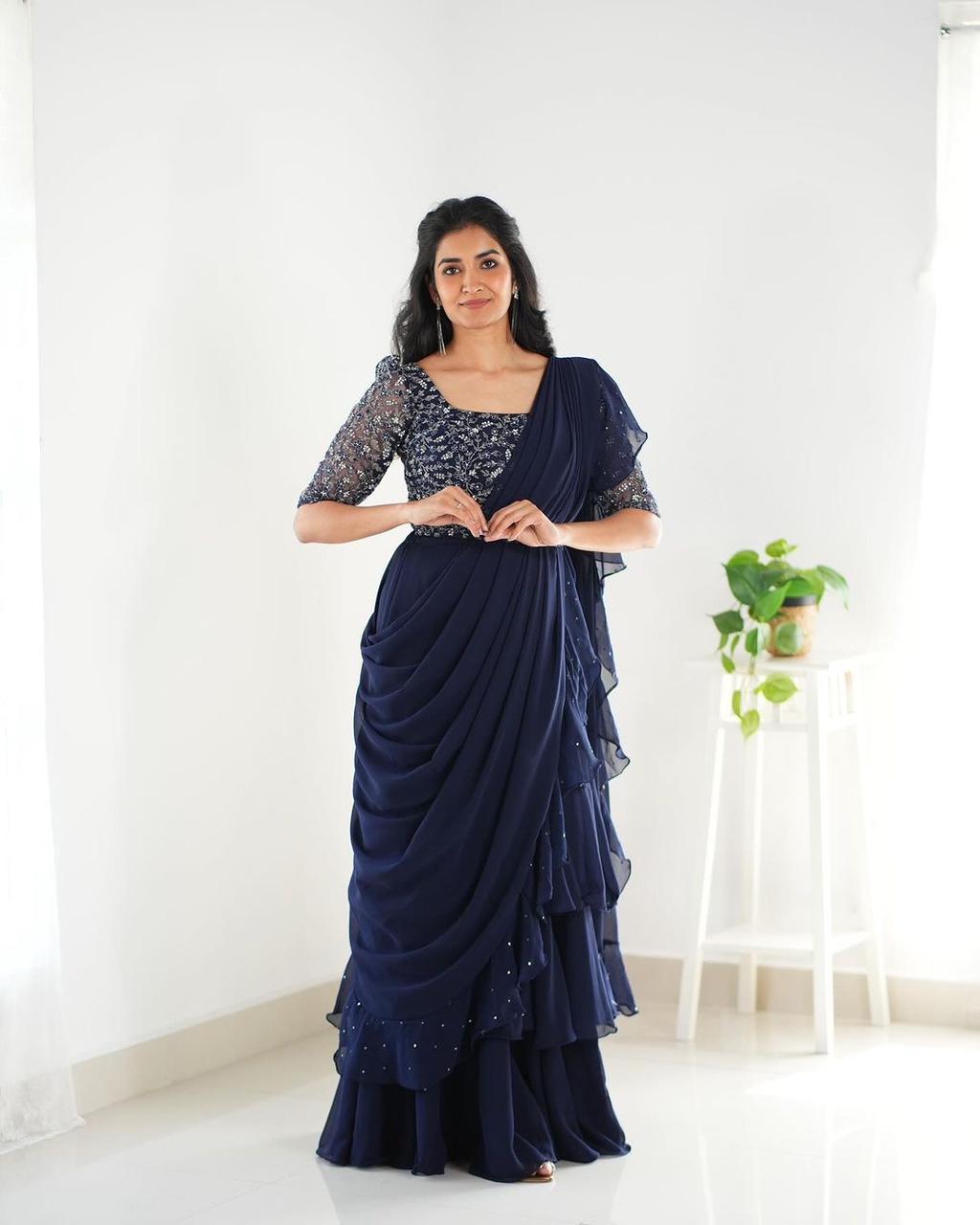 Navy Blue Ruffle Saree With Beautiful Embroidery Blouse