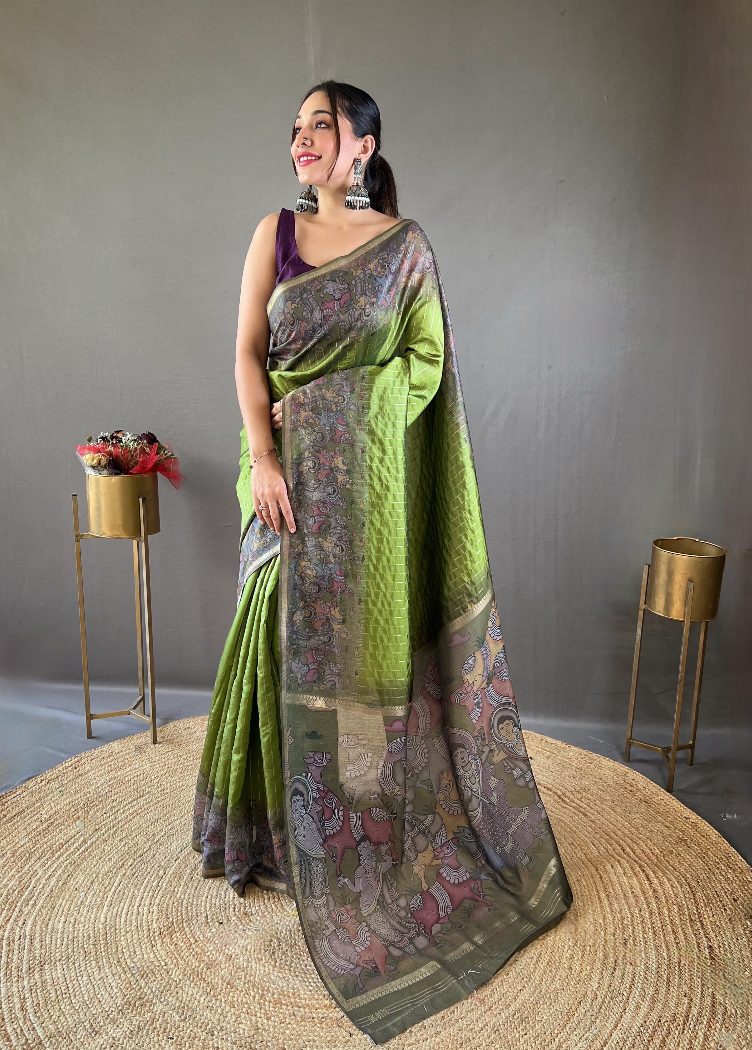 Festive Wear Digital Print Mehndi Color Chanderi Silk Sarees