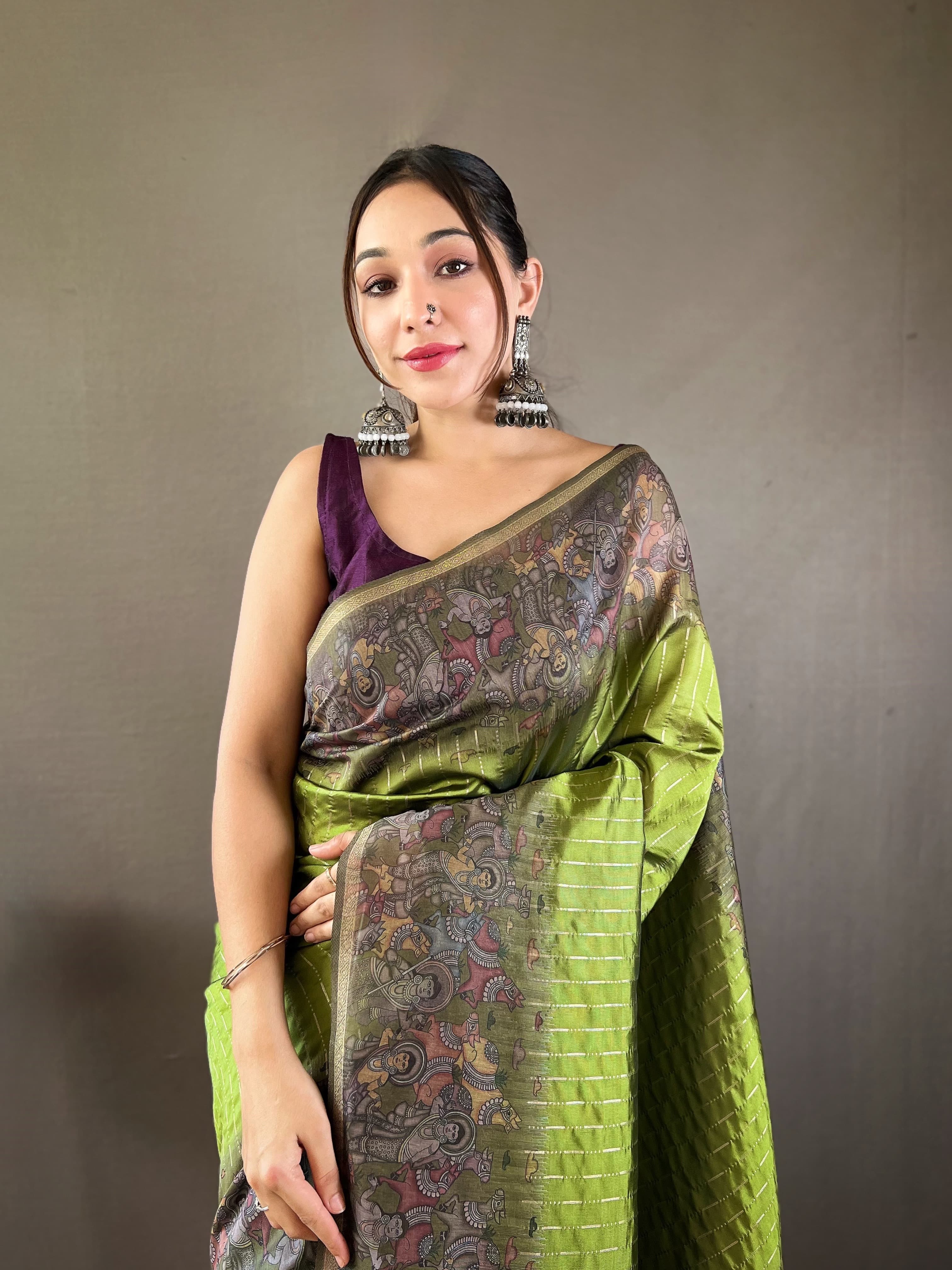 Festive Wear Digital Print Mehndi Color Chanderi Silk Sarees