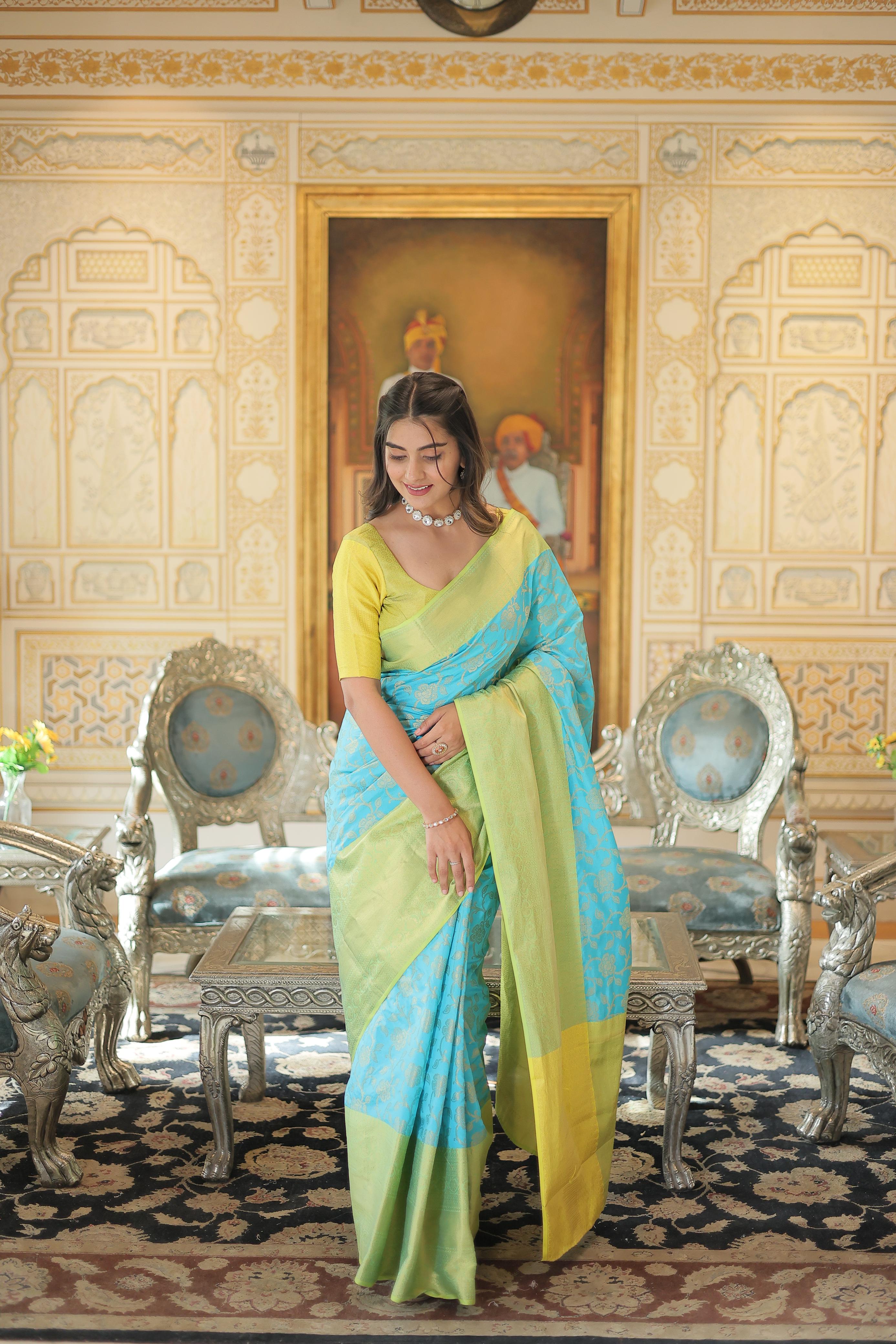 Precious Green Border Sky Blue Zari Weaving Silk Saree