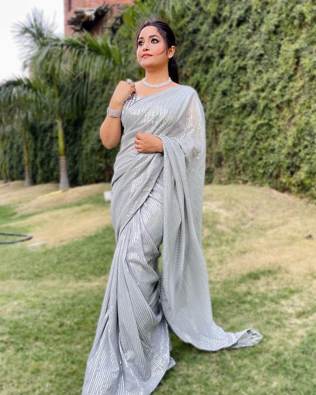 Stunning Sequence Work Grey Color Georgette Saree