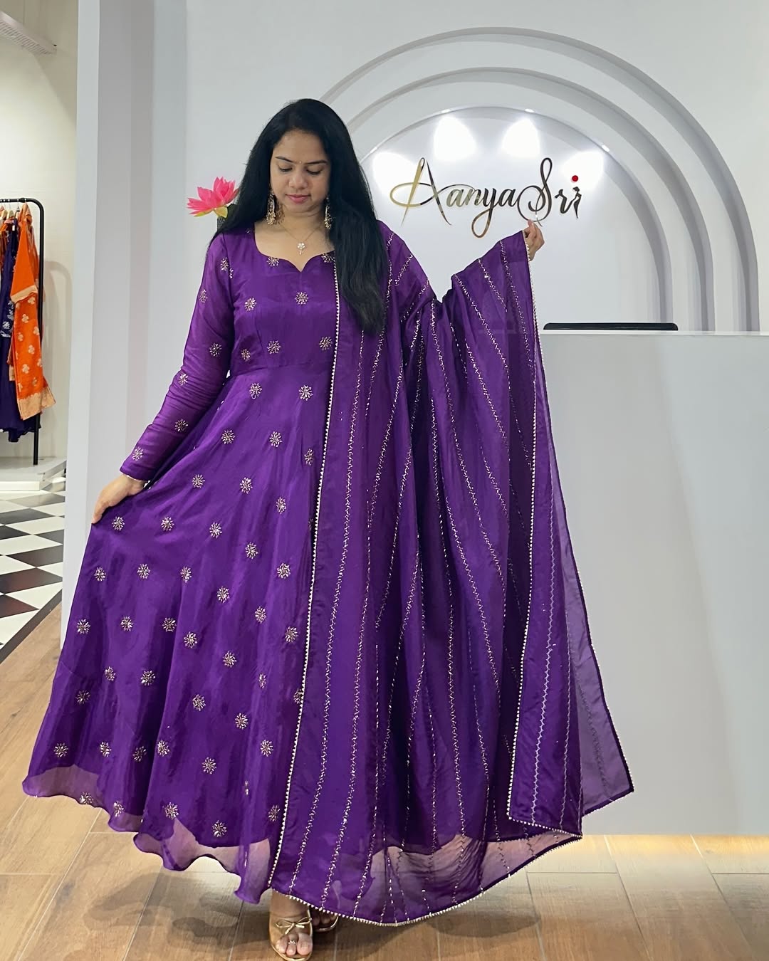 Embroidered Thread Work Anarkali Kurta with Trouser & Dupatta