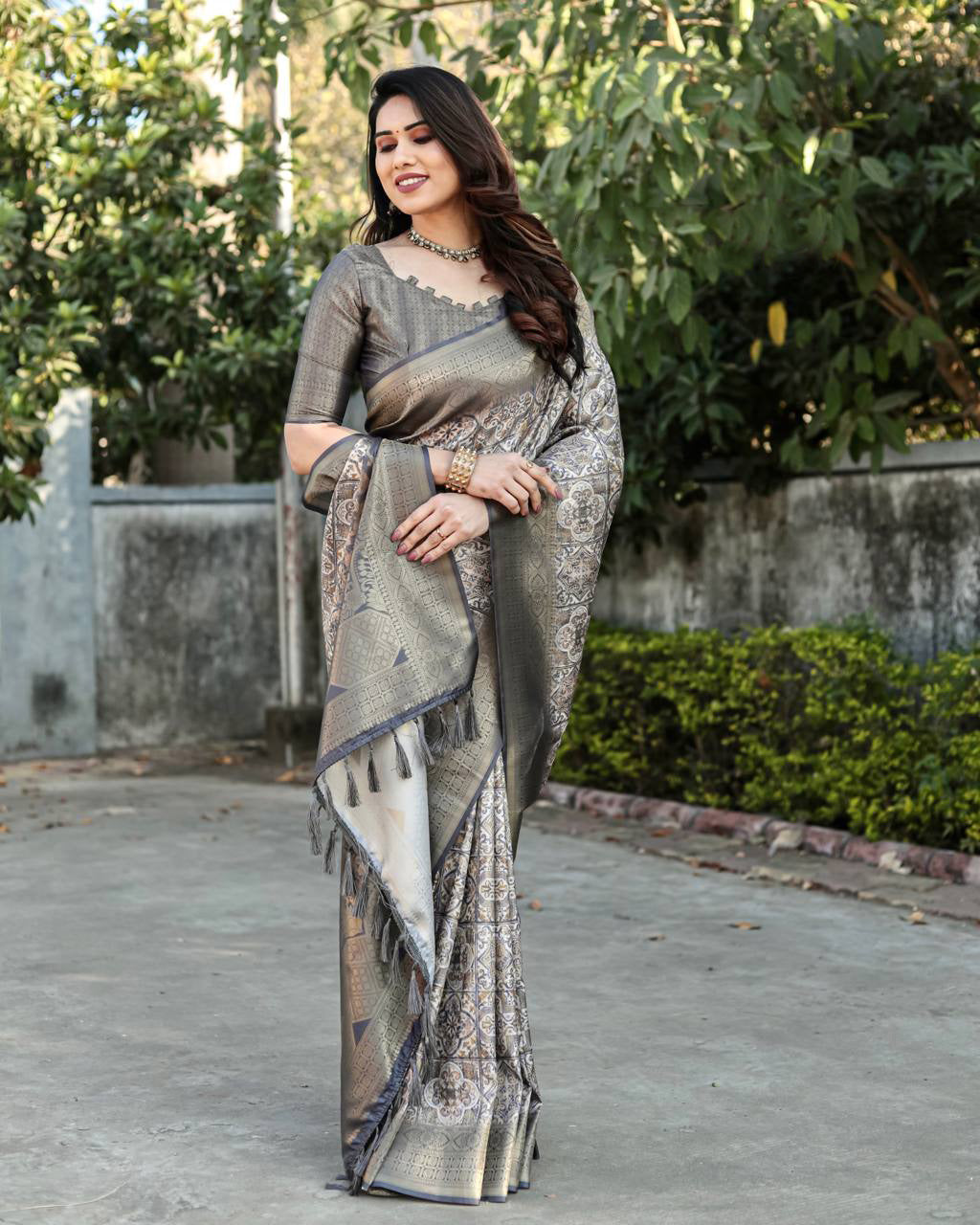 Soft Silk Stylish Dark Grey Color Banarasi Saree