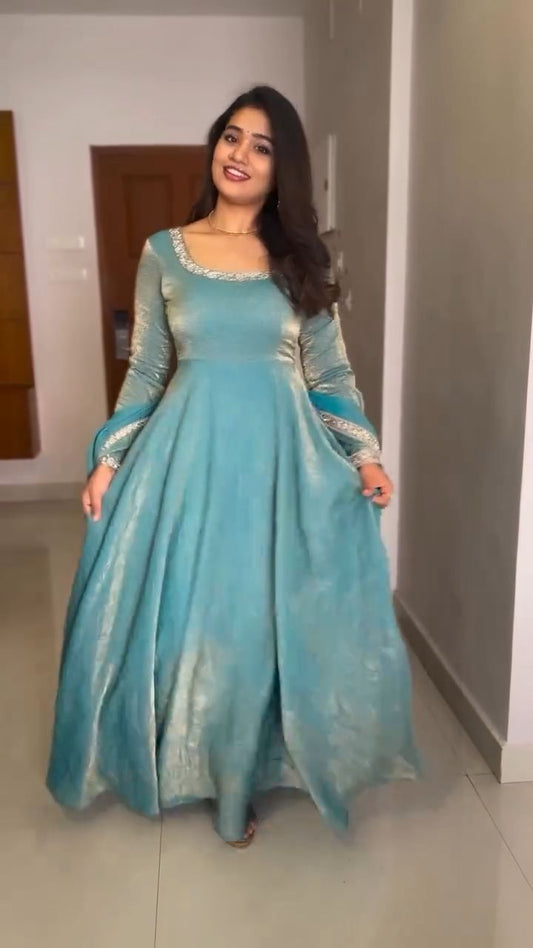 Women Sky Blue Flared Anarkali Gown for Festive and Party Wear